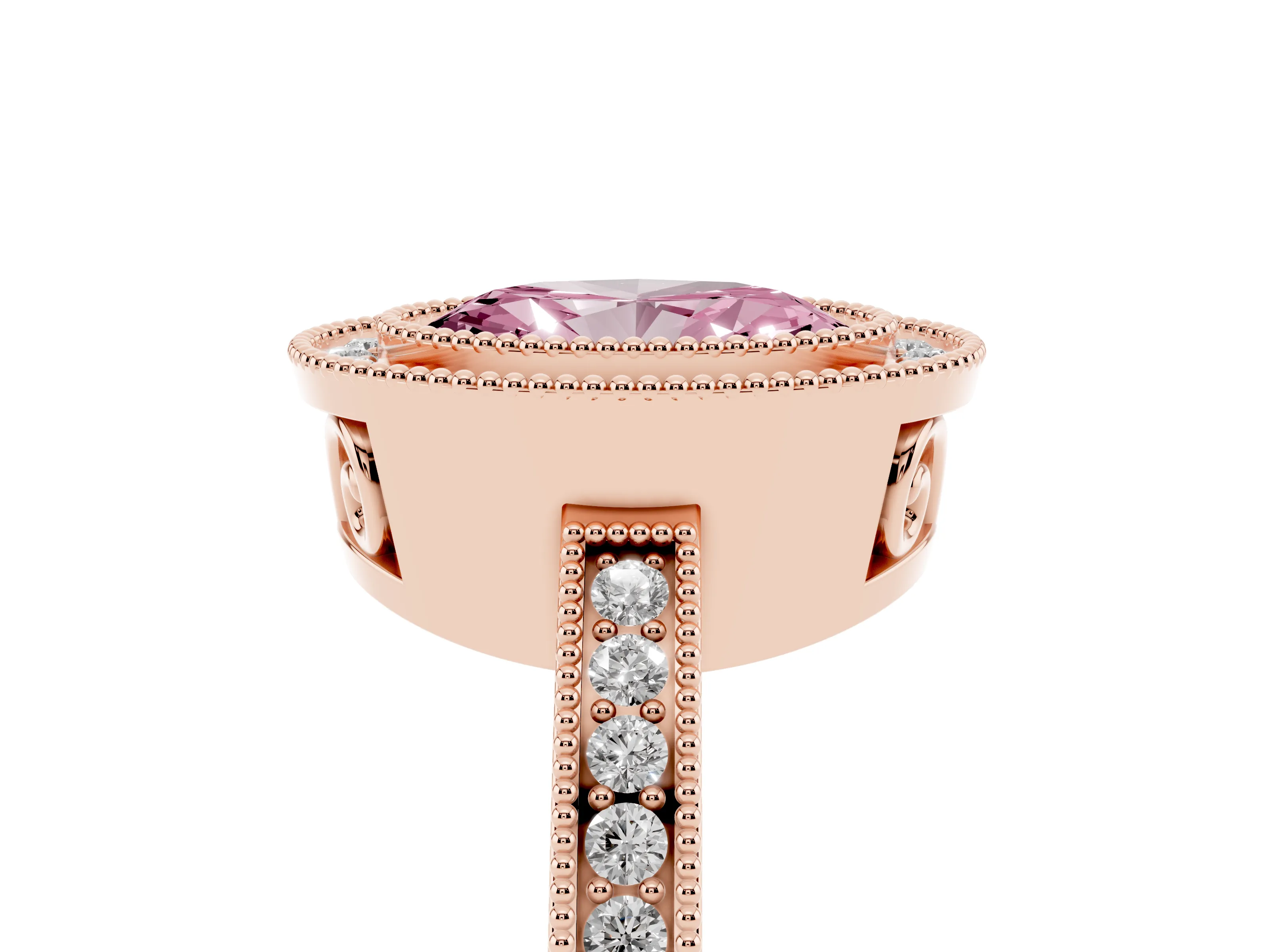 Fancy Pink Oval Cut Diamond Halo Ring Set in Rose gold with Pavé Band and Milgrain-Edged Prongs