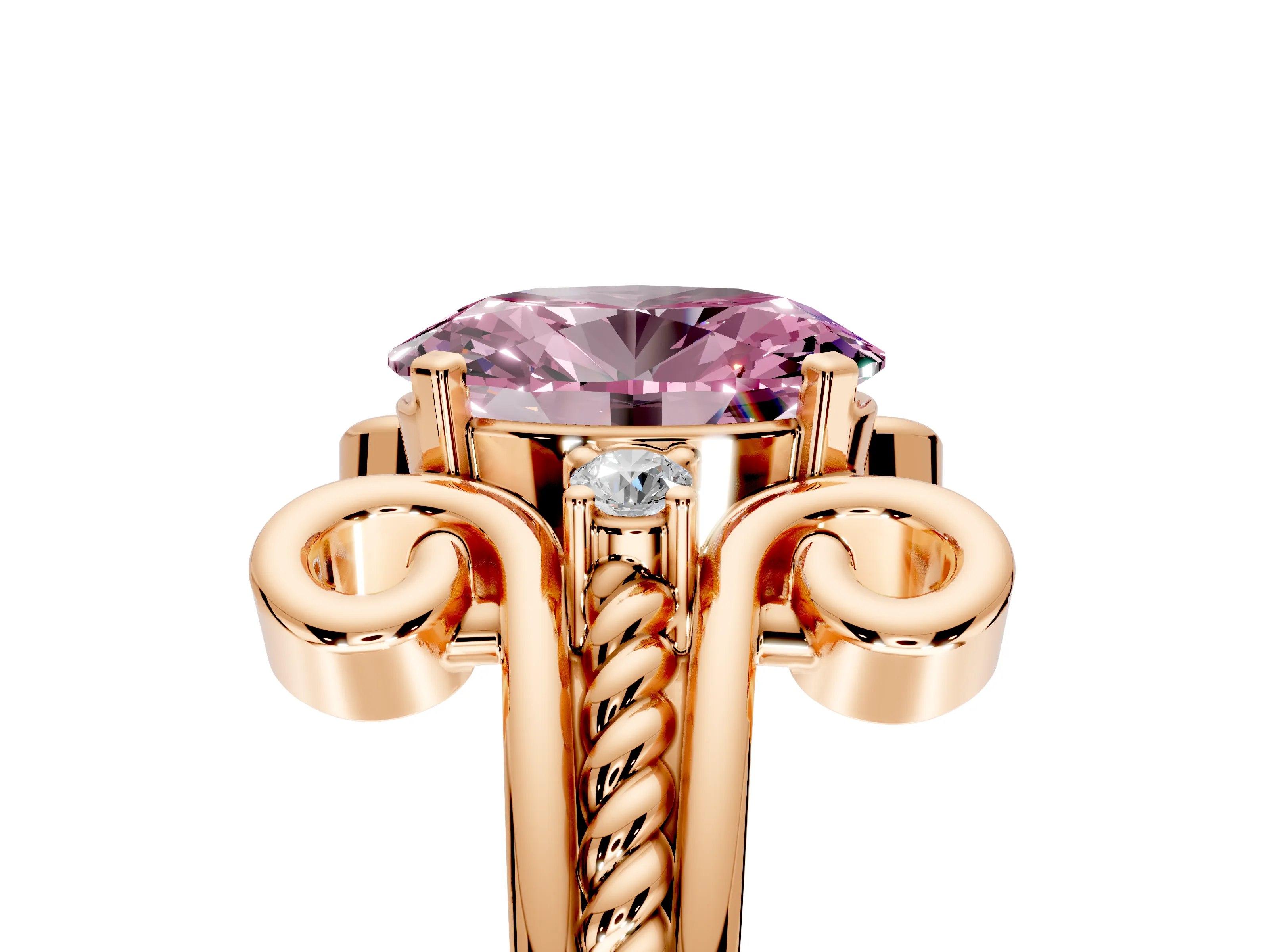 Solitaire Engagement Ring Setting for Fancy Pink Oval Center with Twisted Band and Scroll Prong Head in Rose Gold