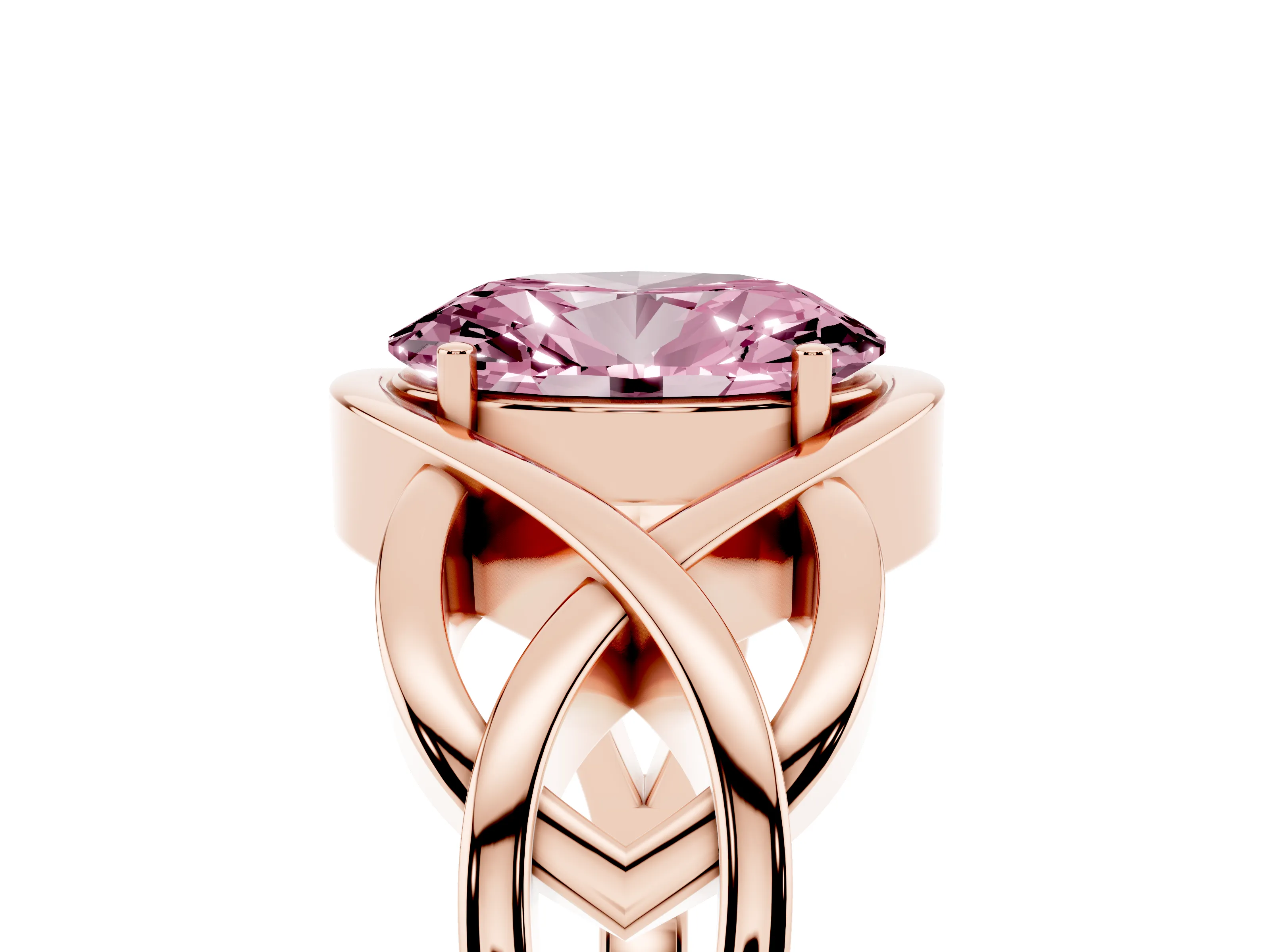 Fancy Pink Oval Cut Diamond Solitaire Ring Set in Rose gold with Intertwined Band