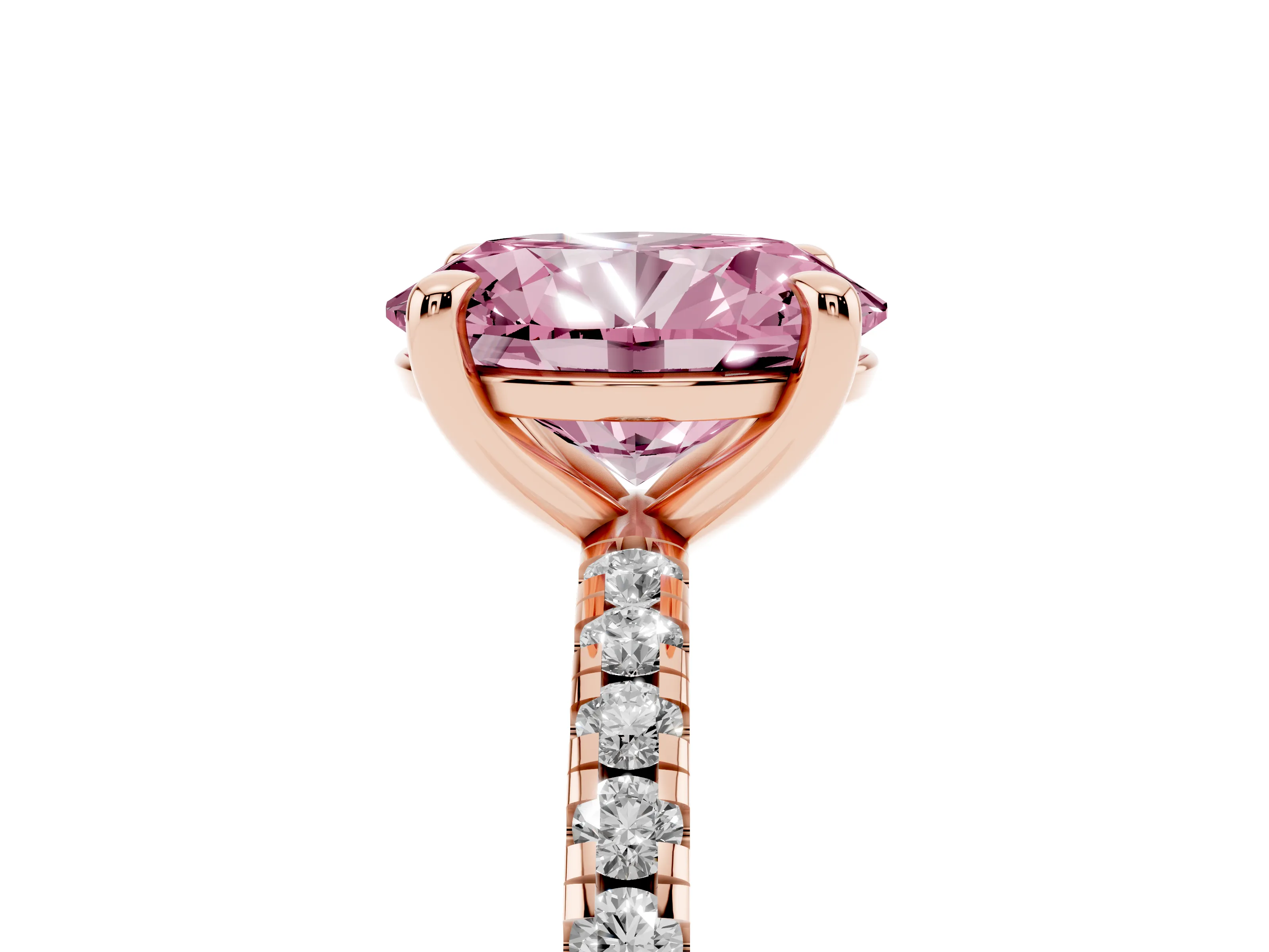 Fancy Pink Oval Cut Diamond Brilliant Solitaire Ring Set in Rose gold with Pavé Band and Prong Setting