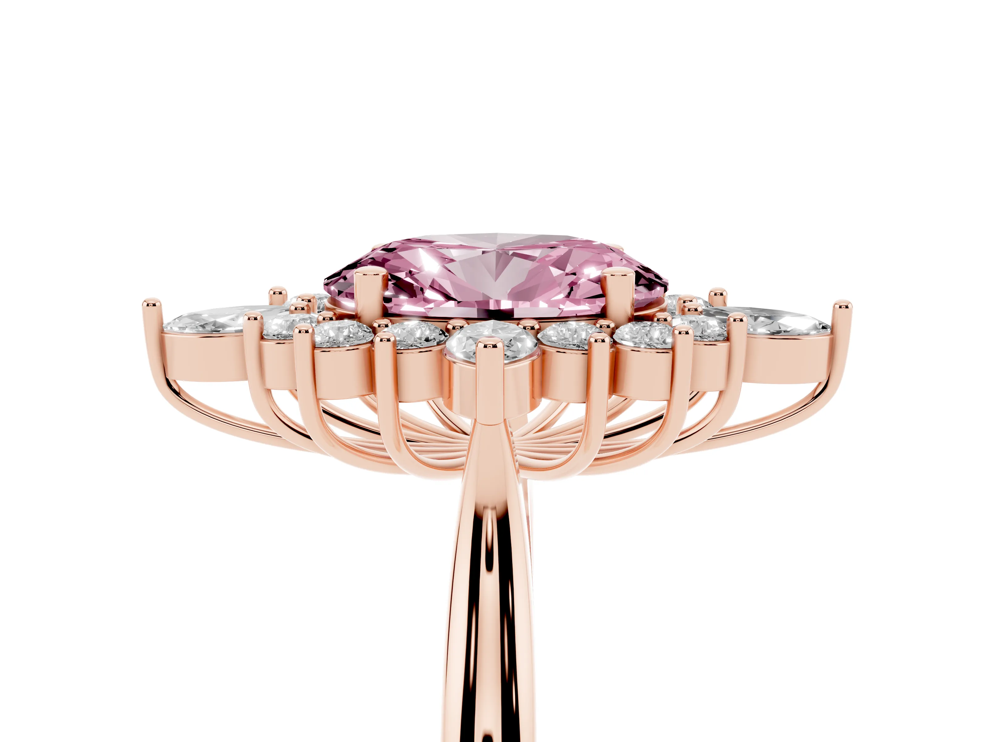 Fancy Pink Oval Cut Diamond Cluster Halo Ring Set in Rose gold with Marquise and Round Accents