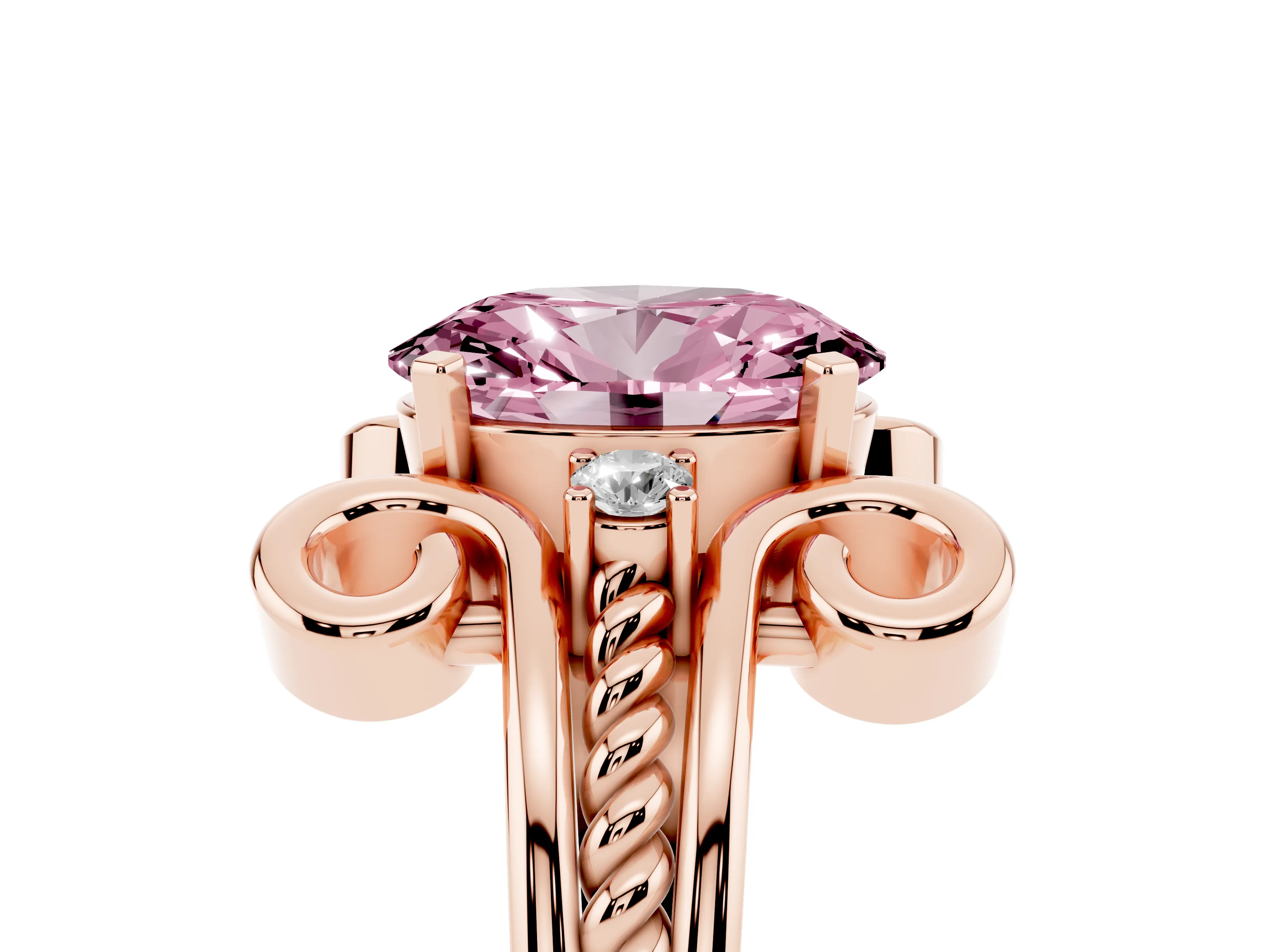 Fancy Pink Oval Cut Diamond Twisted Band Solitaire Ring Set in Rose gold with Scroll Prongs