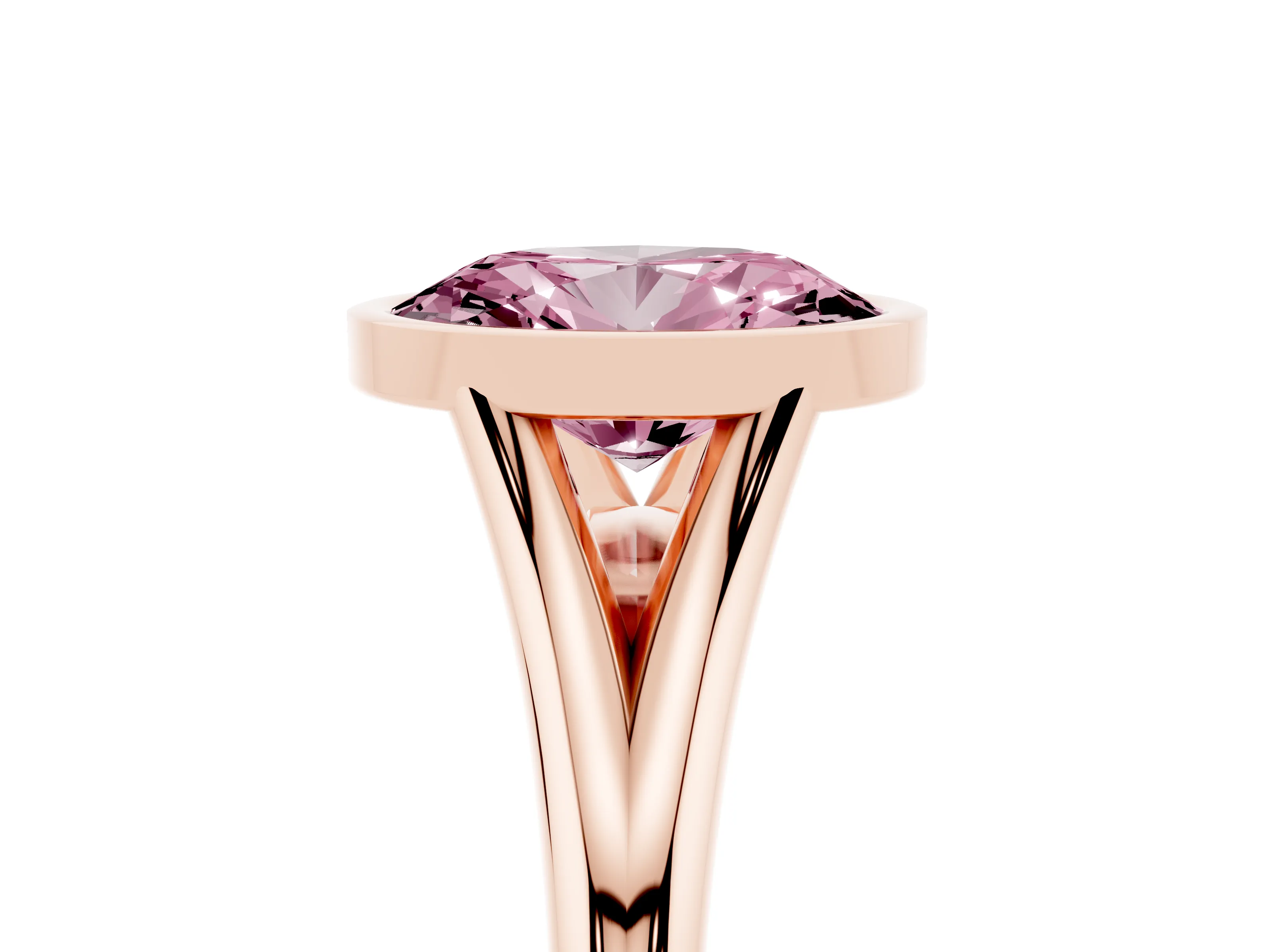 Fancy Pink Bezel Set Oval Cut Diamond Solitaire Ring Set in Rose gold with Tapered Band