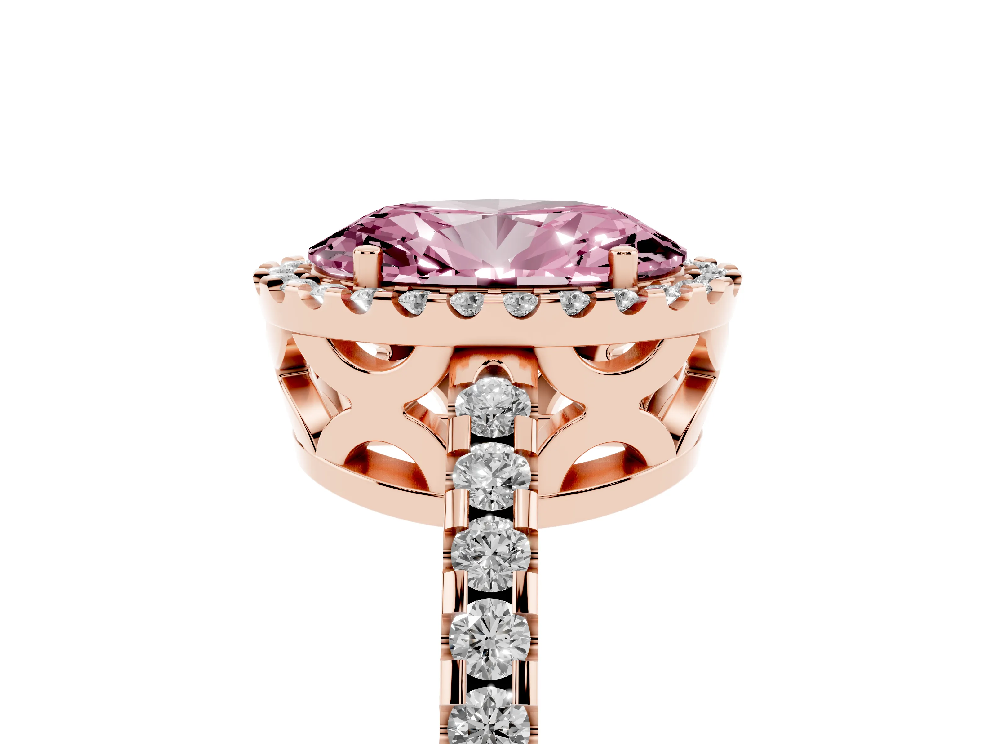 Fancy Pink Oval Cut Diamond Halo Ring Set in Rose gold with Pavé Shoulders and Halo-Framed Center