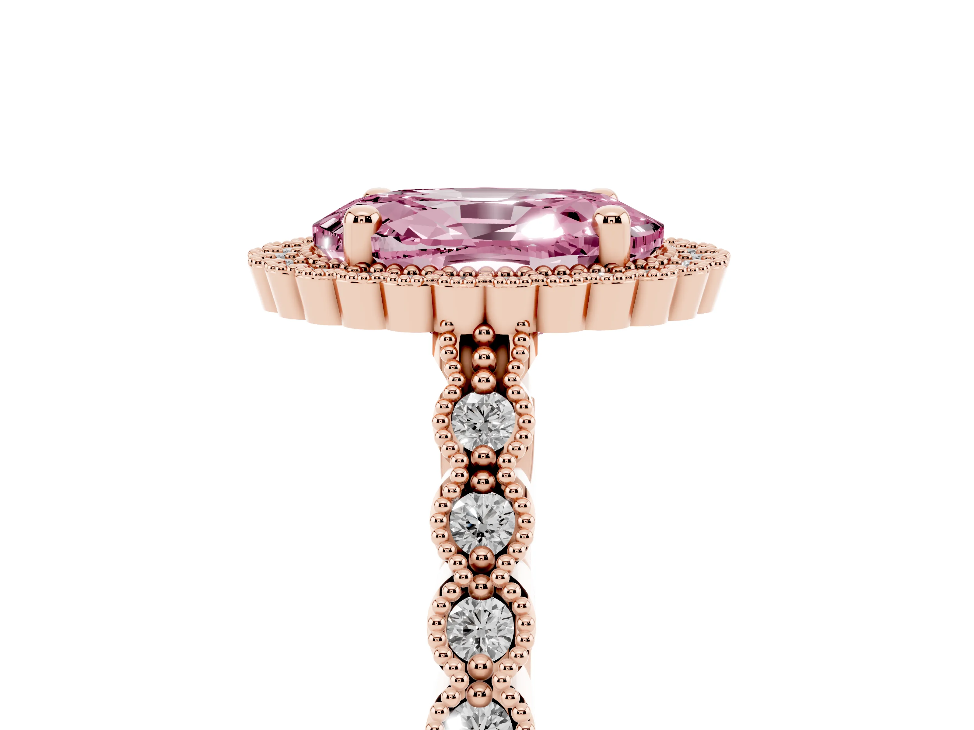 Fancy Pink Oval Cut Diamond Halo Ring Set in Rose gold with Pavé Milgrain Band