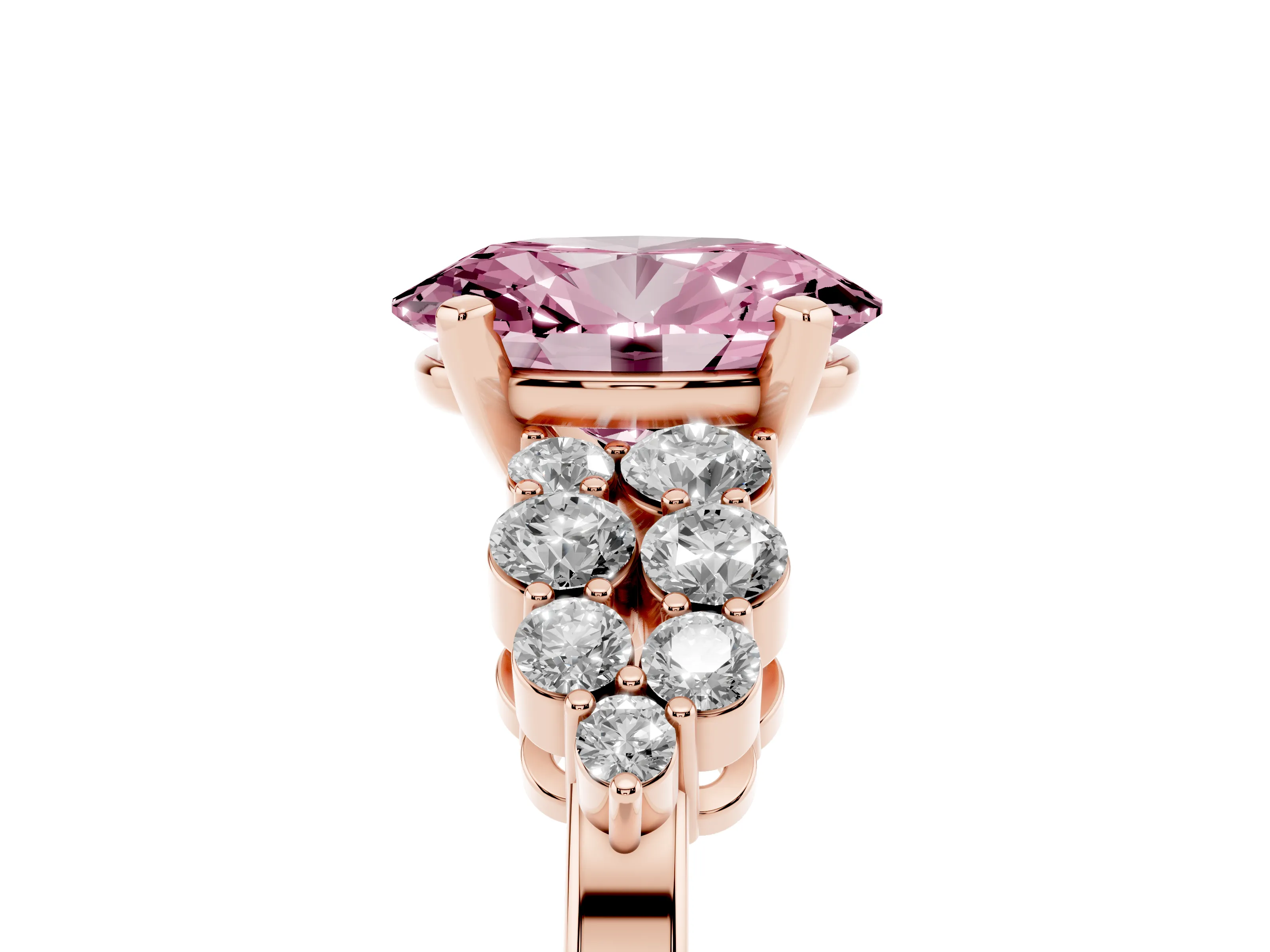 Fancy Pink Oval Cut Diamond Cluster Engagement Ring Set in Rose gold with Pavé Band and Prong Setting