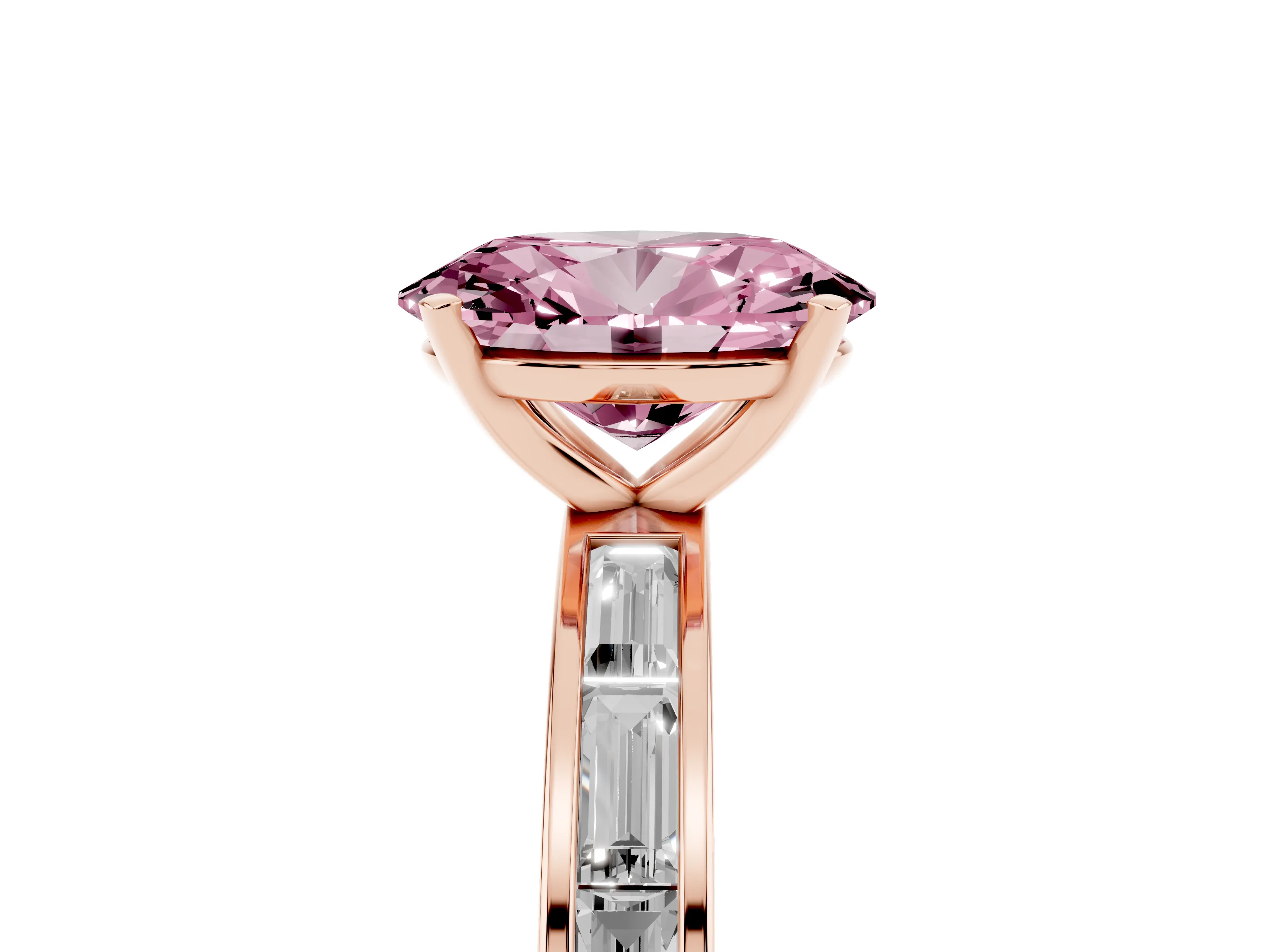 Fancy Pink Oval Cut Diamond Solitaire Ring Set in Rose gold with Channel-Set Baguette Band and Prong Setting