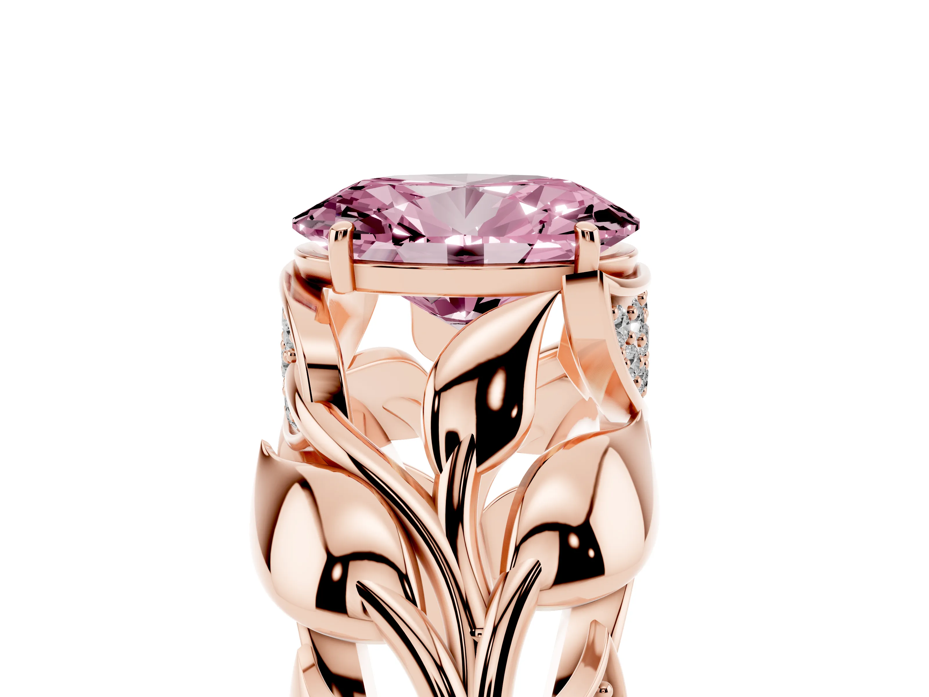Fancy Pink Oval Cut Diamond Leaf-Inspired Engagement Ring Set in Rose gold with Round Accents