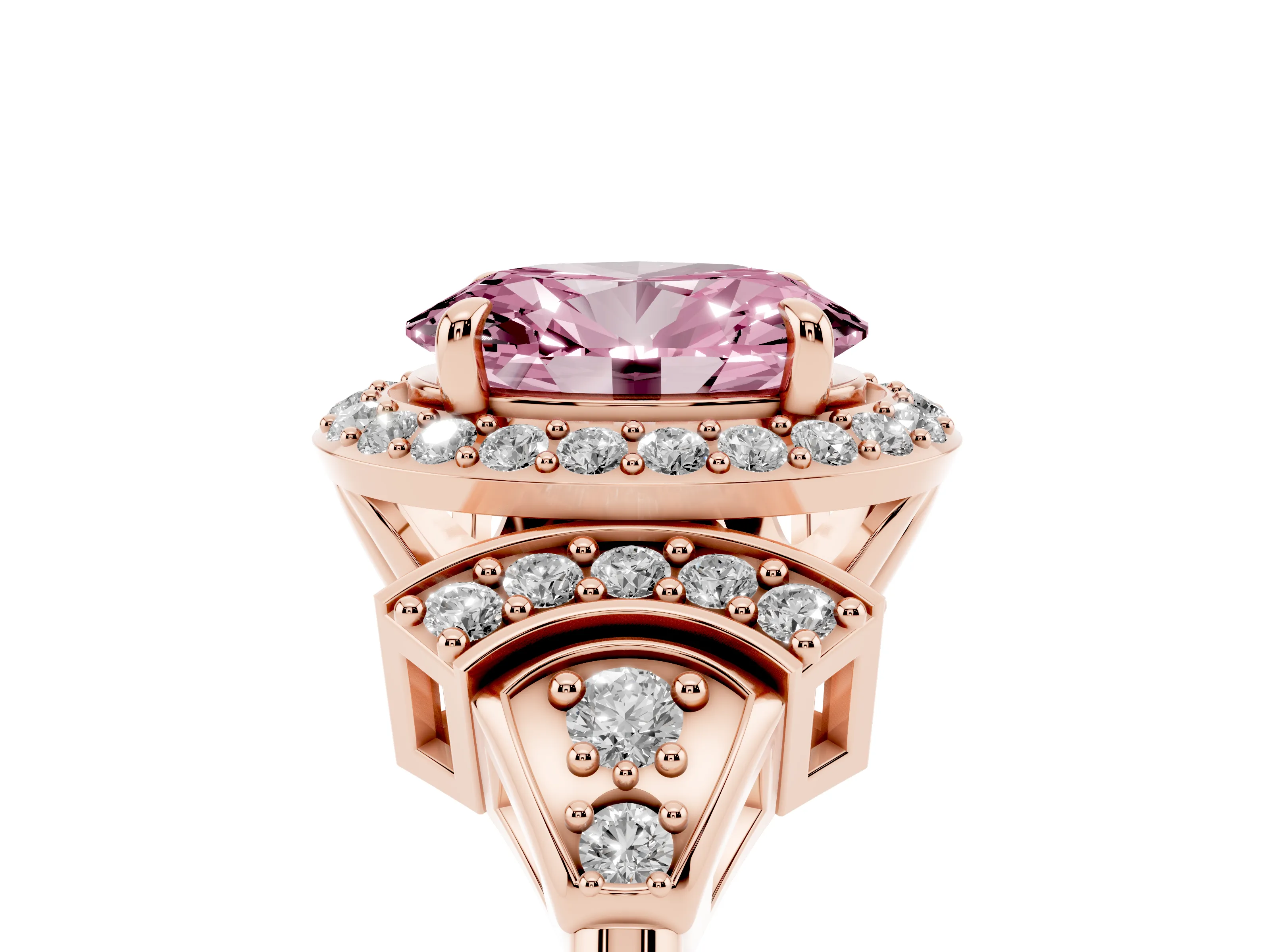 Fancy Pink Oval Cut Diamond Halo Engagement Ring Set in Rose gold with Accent Stone Split Shank