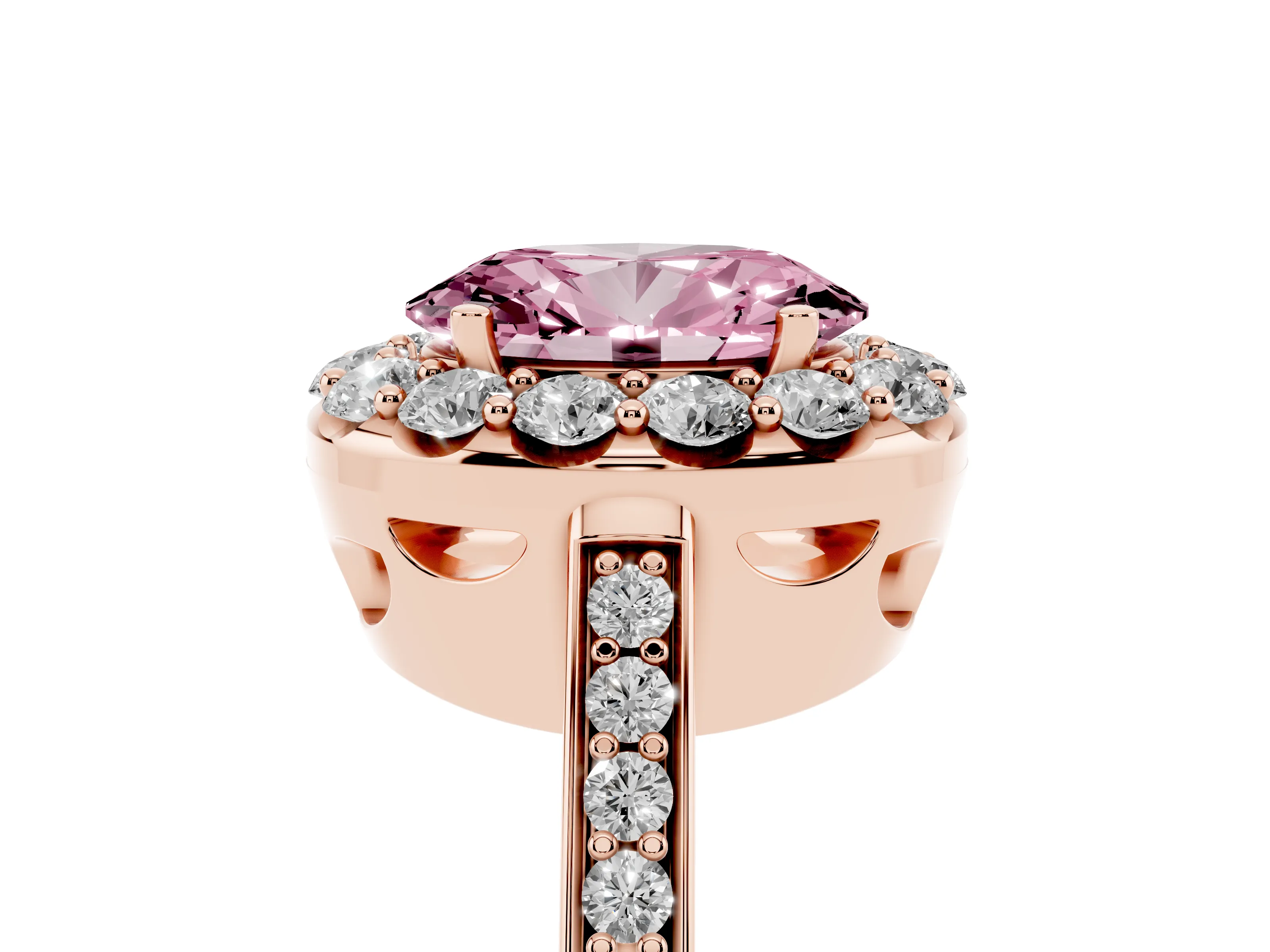 Fancy Pink Oval Cut Diamond Floral Halo Ring Set in Rose gold with Pavé Band and Prong Setting