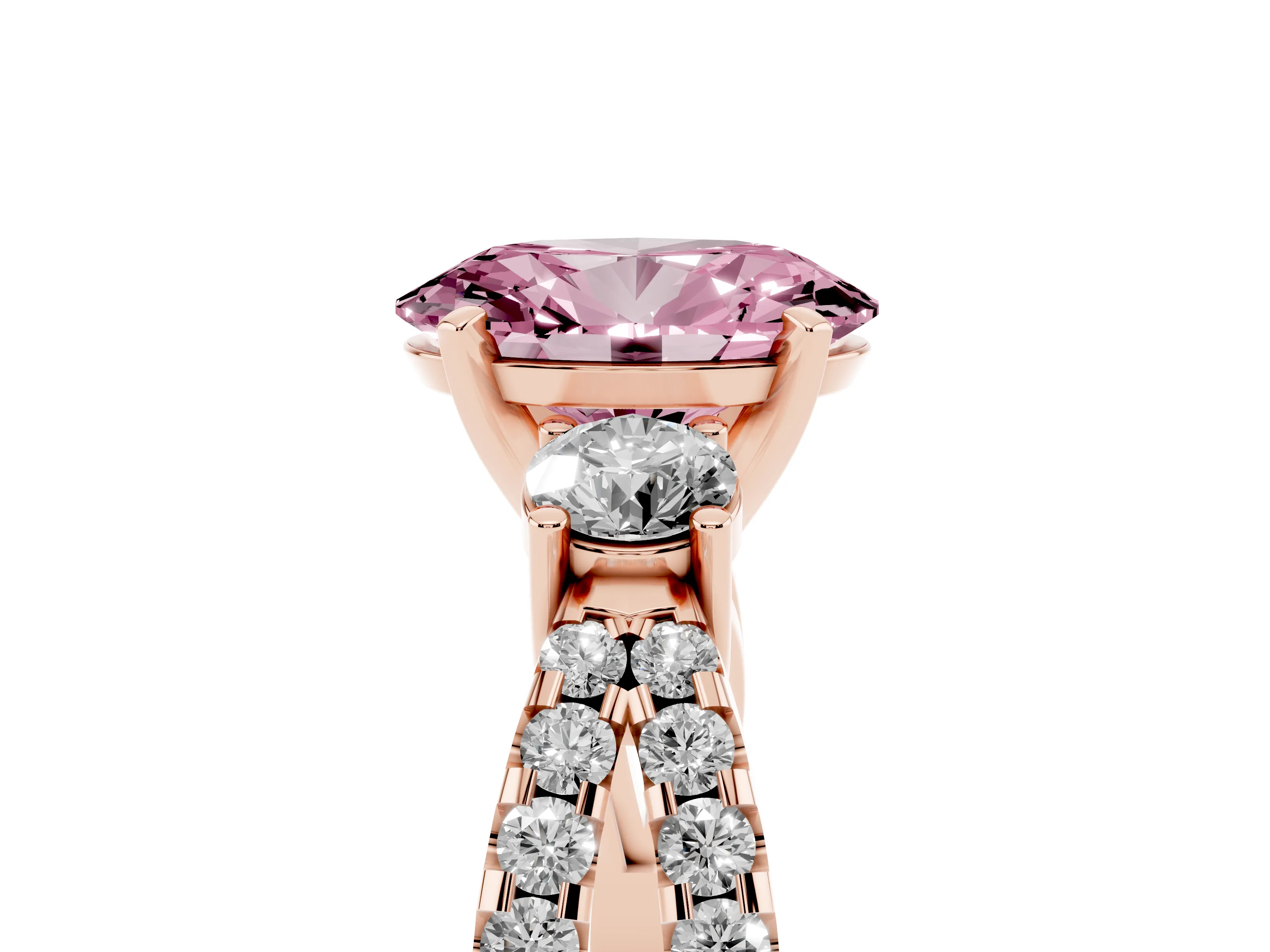 Fancy Pink Oval Cut Diamond Three-Stone Ring Set in Rose gold with Pavé Split Shank and Prong Setting