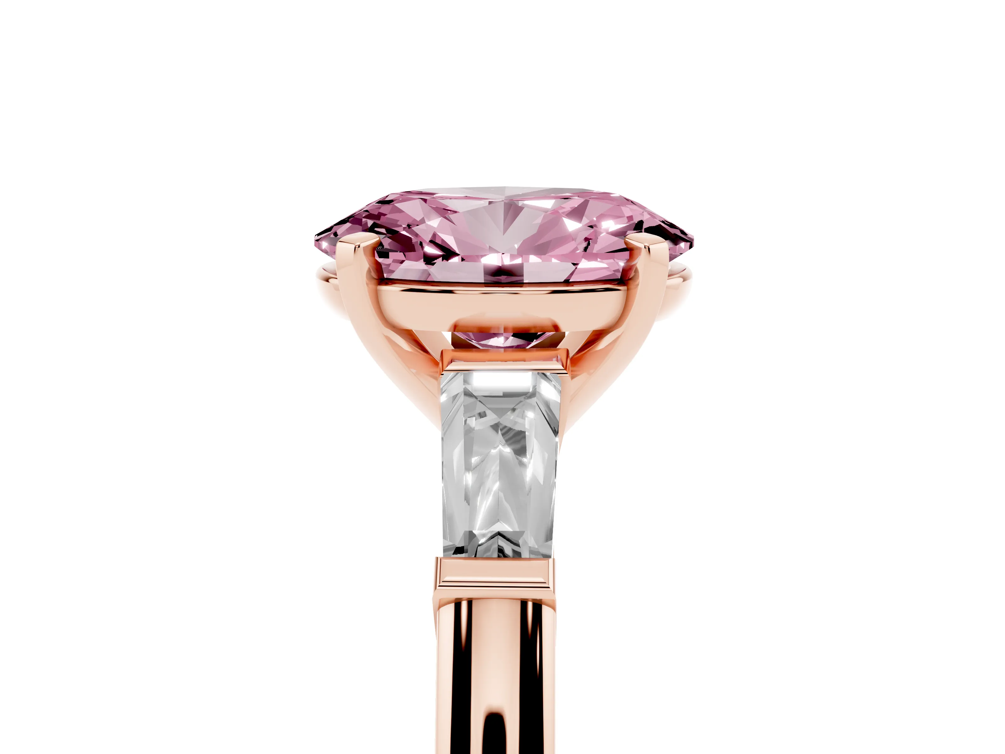 Fancy Pink Oval Cut Diamond Solitaire Ring Set in Rose gold with Tapered Baguette Side Stones and Prong Setting