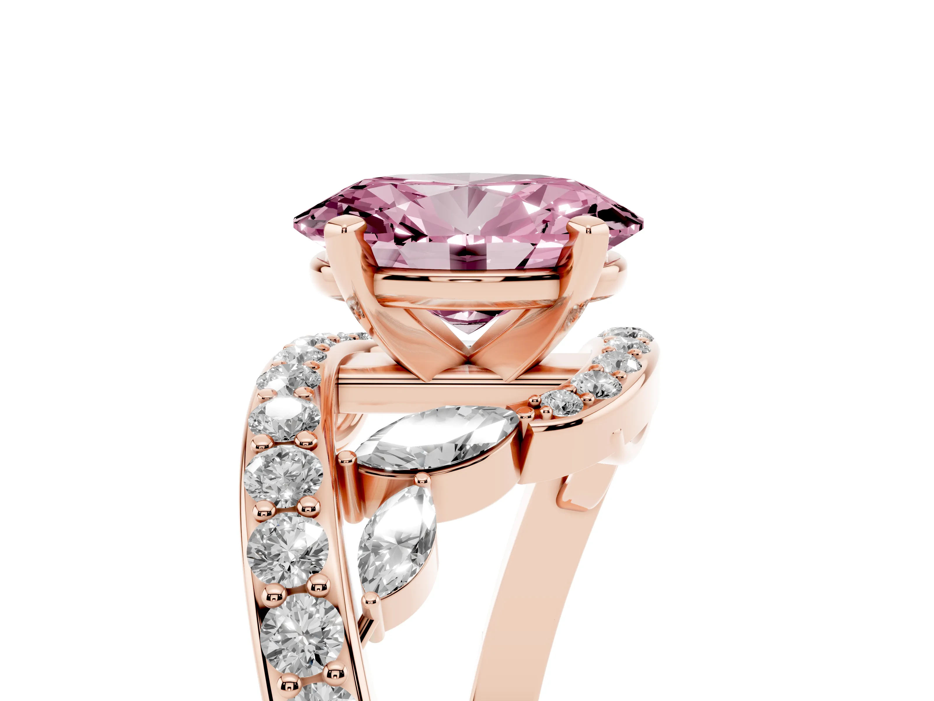 Fancy Pink Oval Cut Diamond Solitaire Ring Set in Rose gold with Pavé Twist Band and Secure Prong Setting