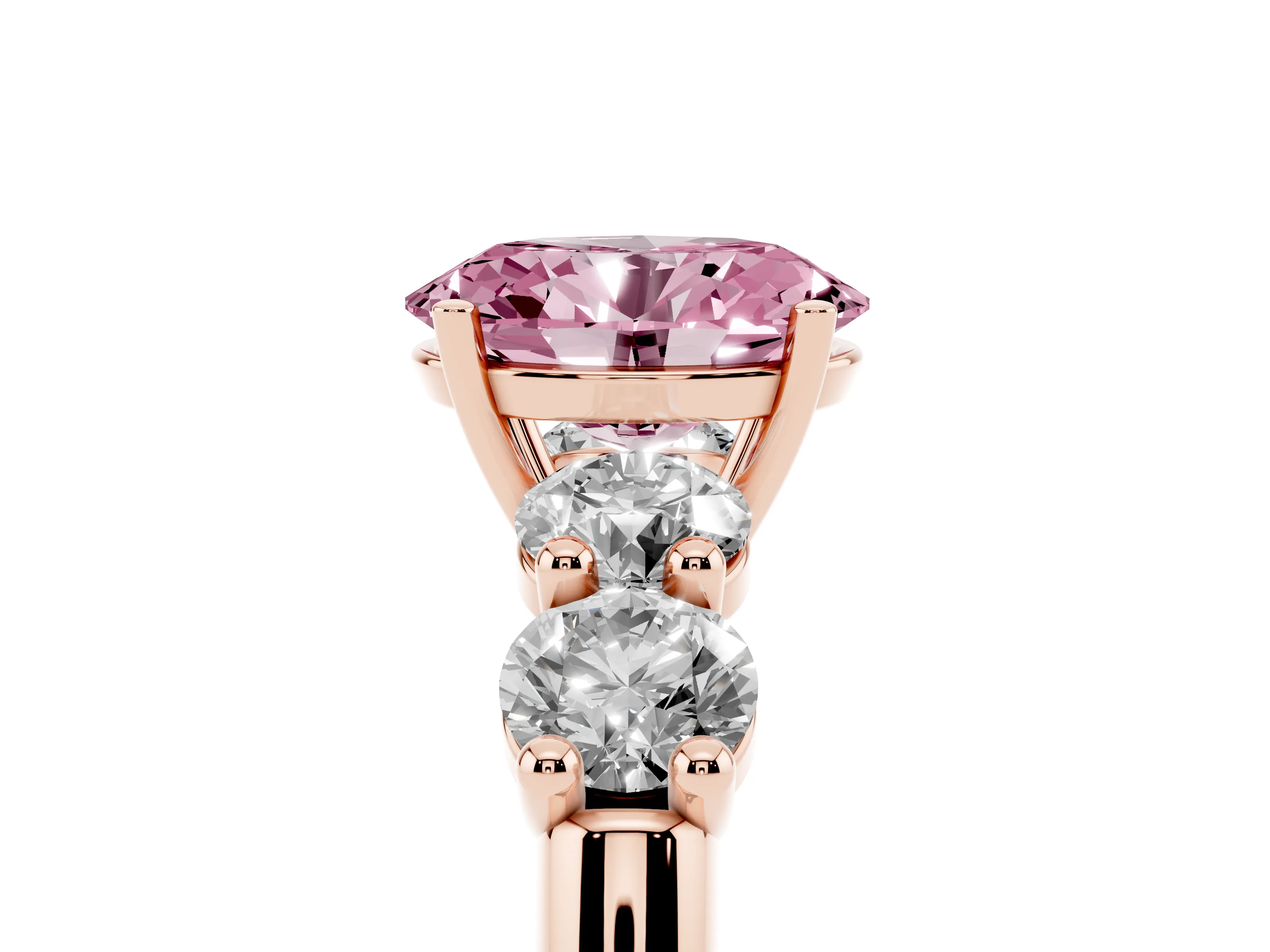 Fancy Pink Oval Cut Diamond Five-Stone Prong Set Ring Set in Rose gold with Classic Band