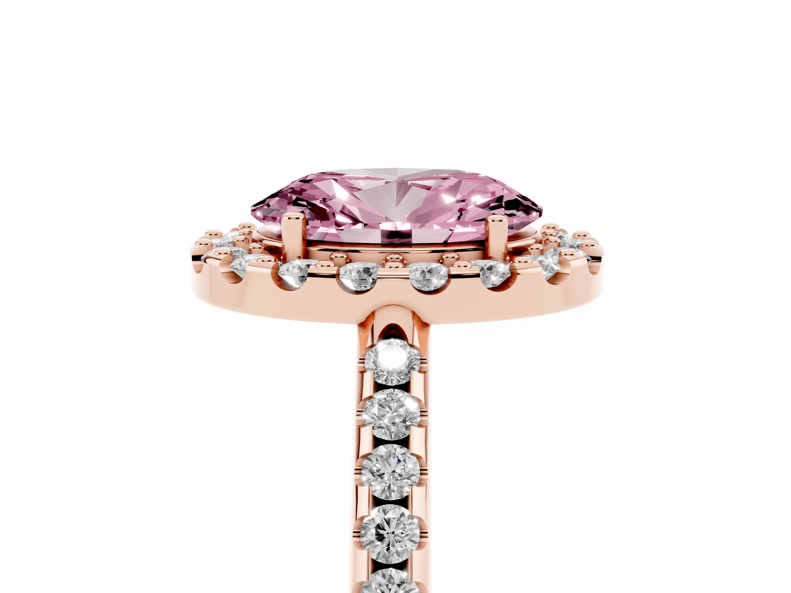 Fancy Pink Oval Cut Diamond Pavé Halo Ring Set in Rose gold with Prong Setting