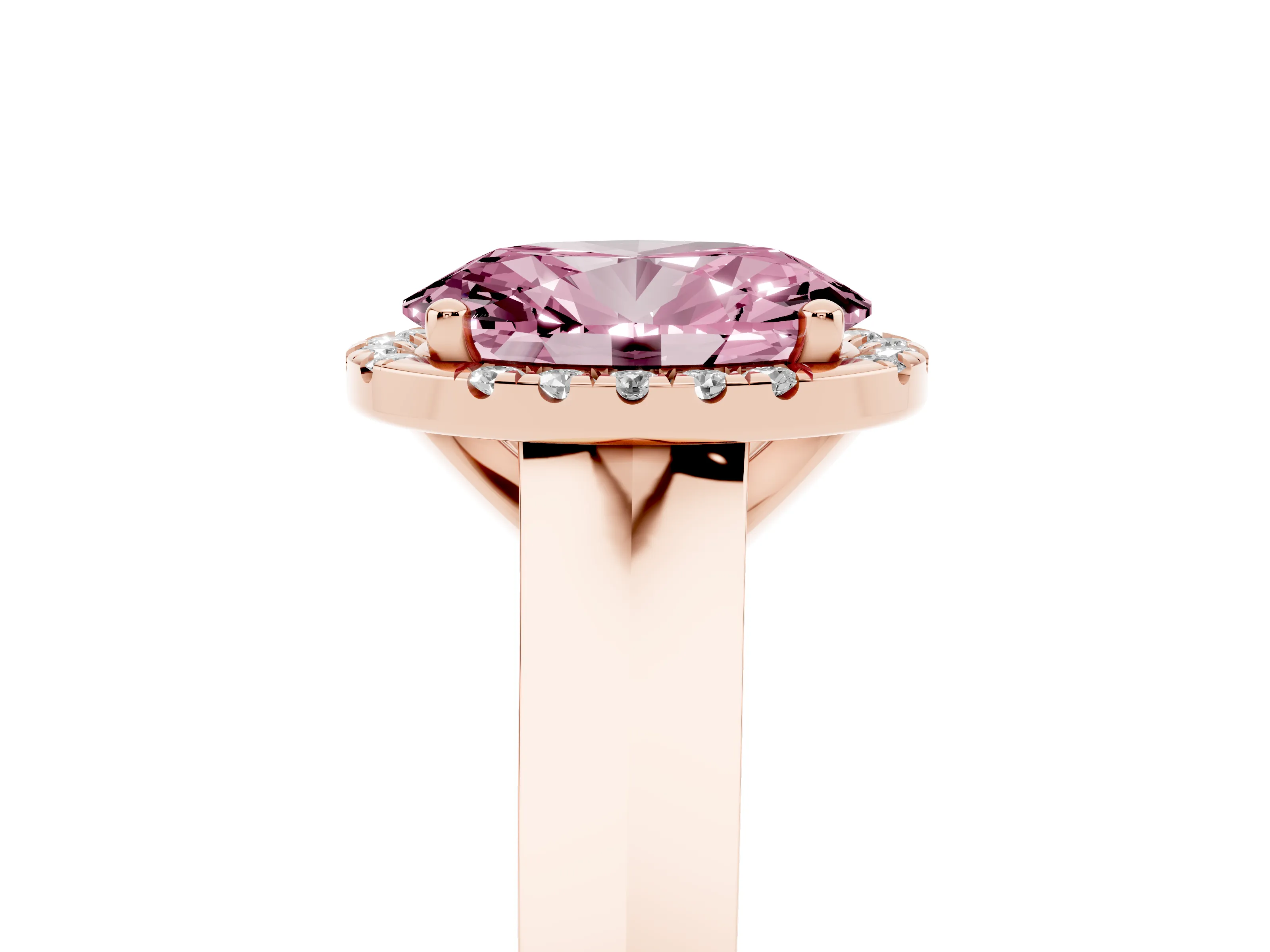 Fancy Pink Oval Cut Diamond Halo Ring Set in Rose gold with Cathedral Band and Prong Setting