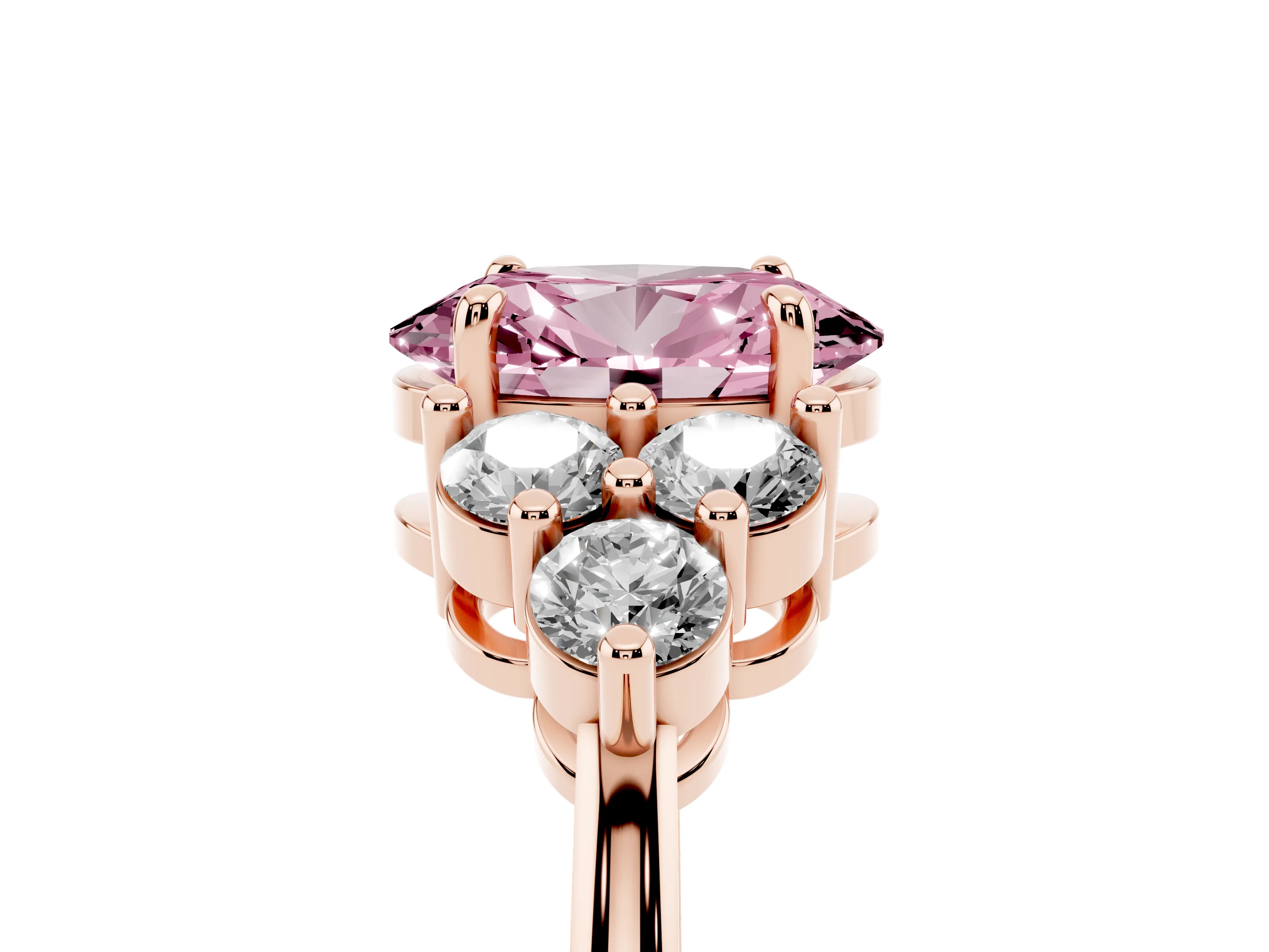 Fancy Pink Oval Cut Diamond Solitaire Ring Set in Rose gold with Cluster Accents on Each Side