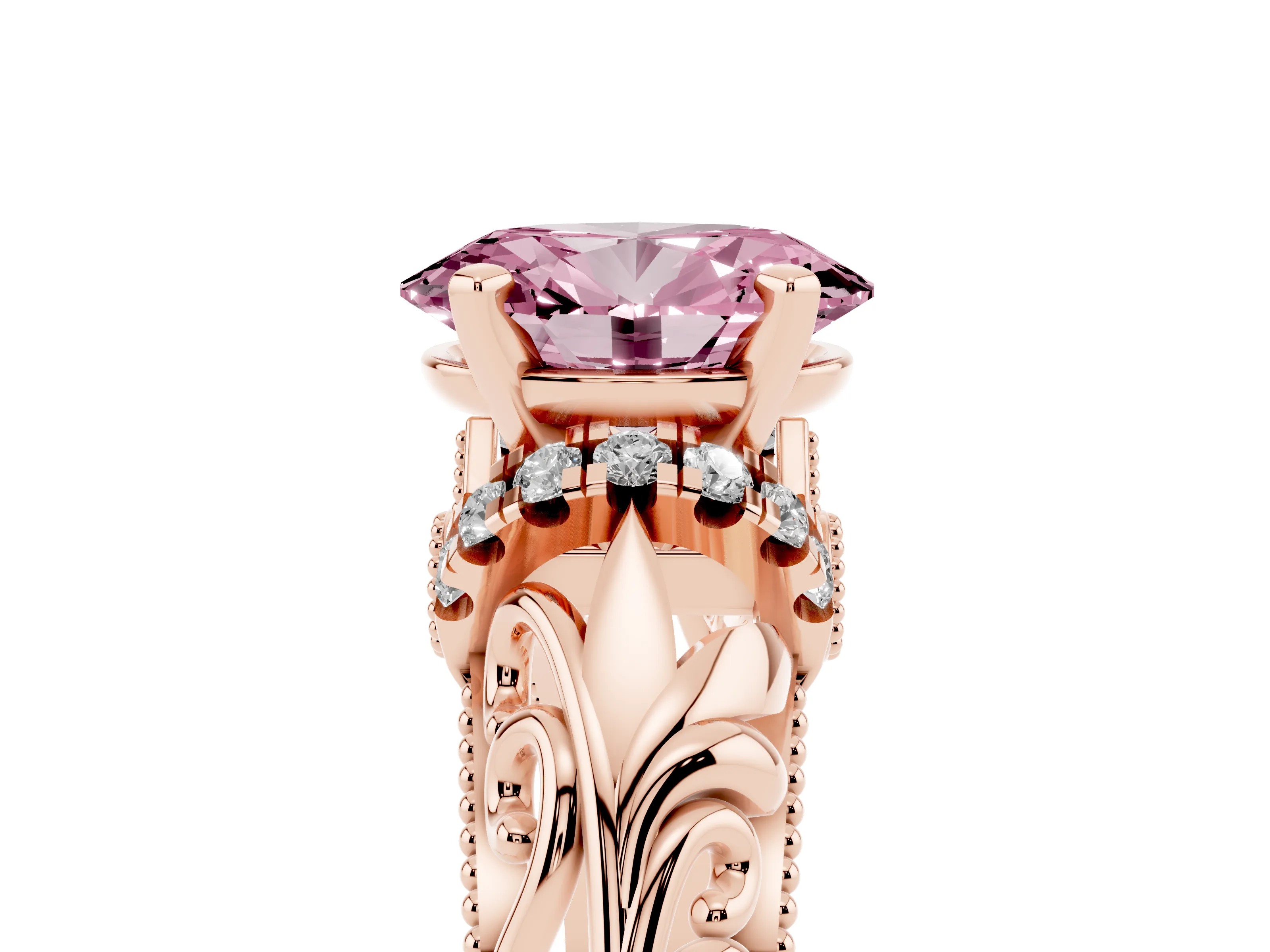 Fancy Pink Oval Cut Diamond Filigree Halo Engagement Ring Set in Rose gold with Prong Setting