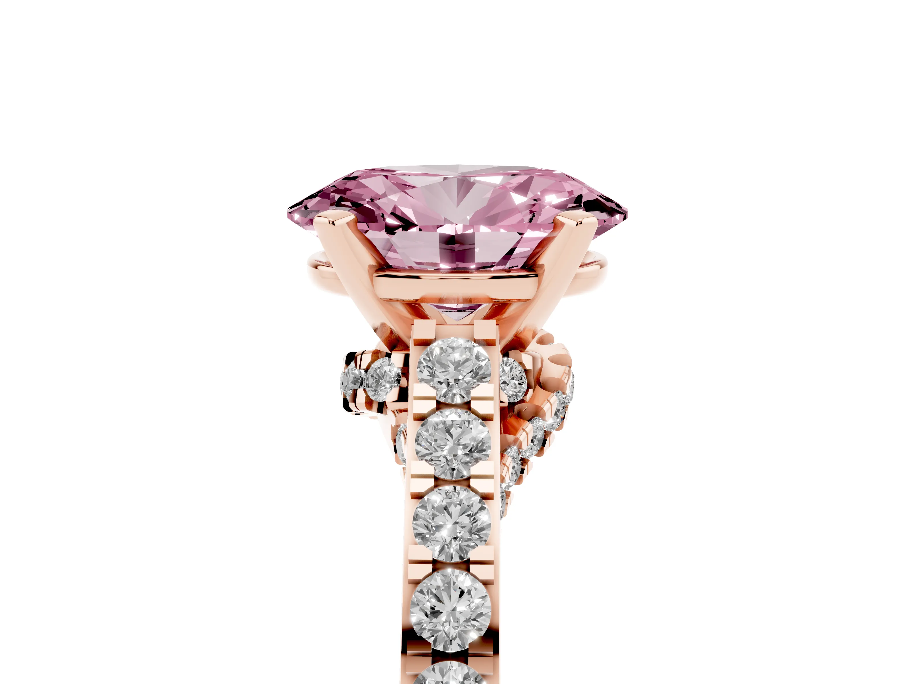 Fancy Pink Oval Cut Diamond Solitaire Ring Set in Rose gold with Crossover Gallery and Round Pavé Band