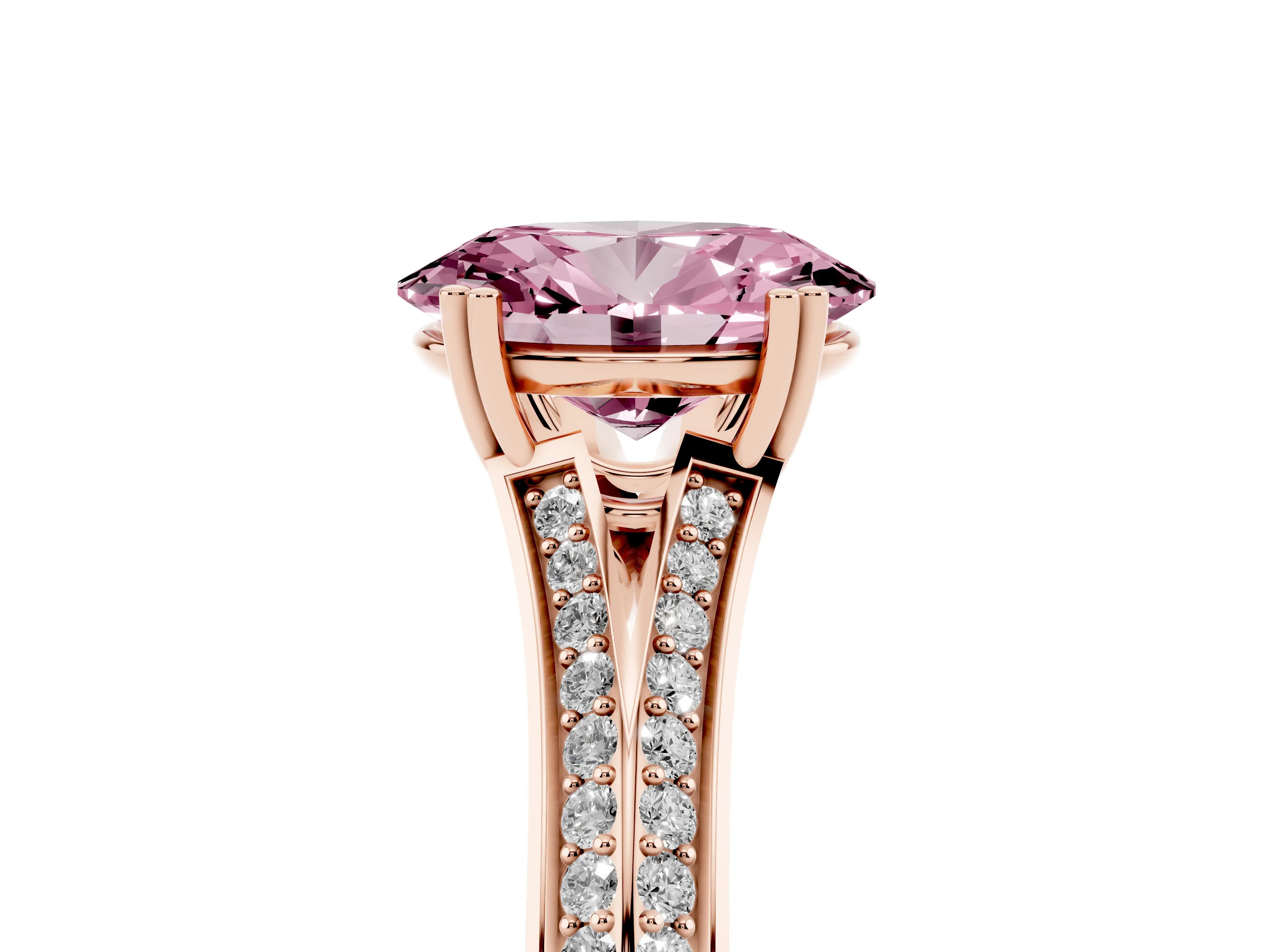 Fancy Pink Oval Cut Diamond Split Shank Pavé Engagement Ring Set in Rose gold with Prong-Set Center Stone