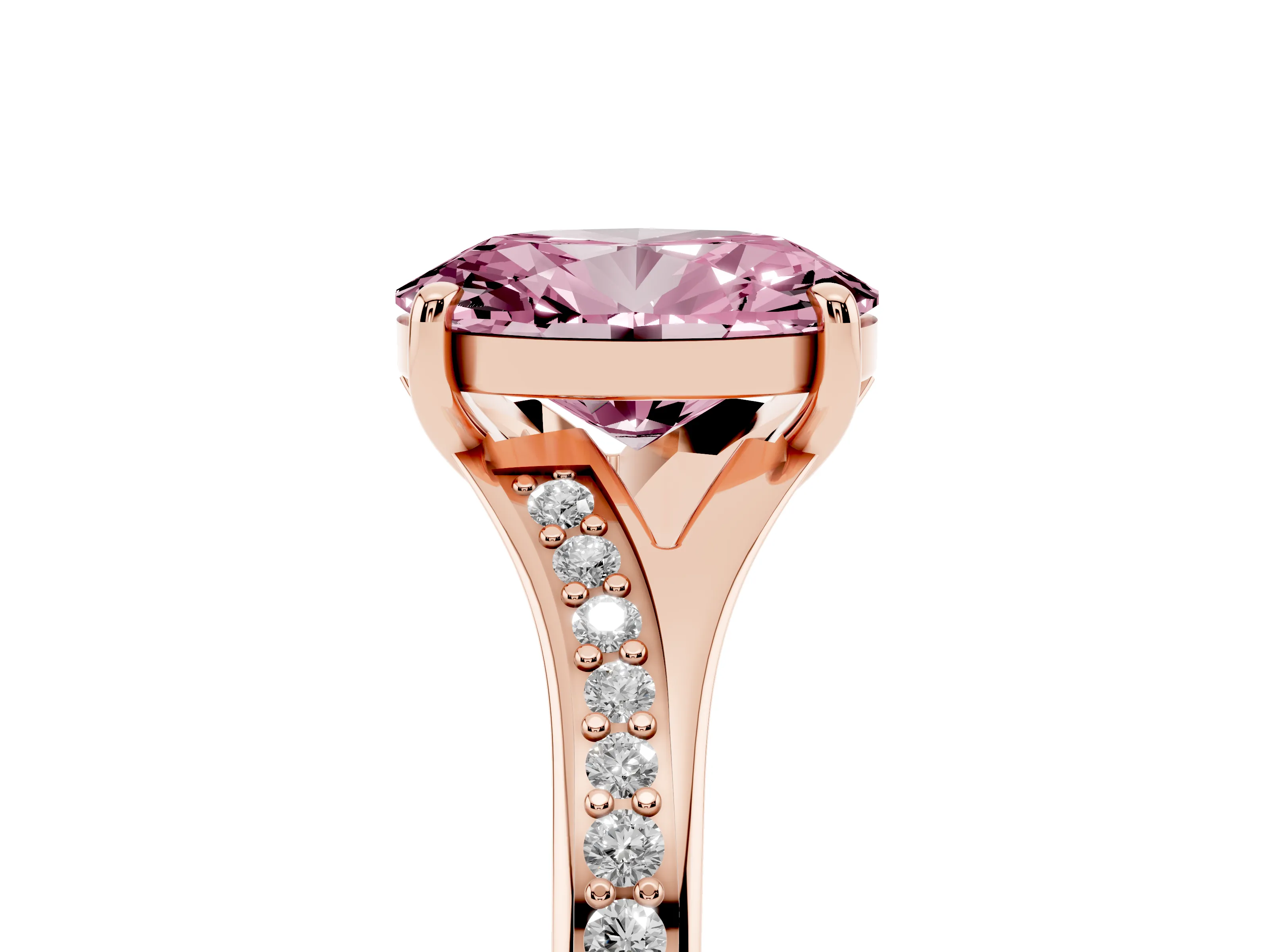 Fancy Pink Oval Cut Diamond Solitaire Ring Set in Rose gold with Pavé Accent Band and Classic Prong Setting