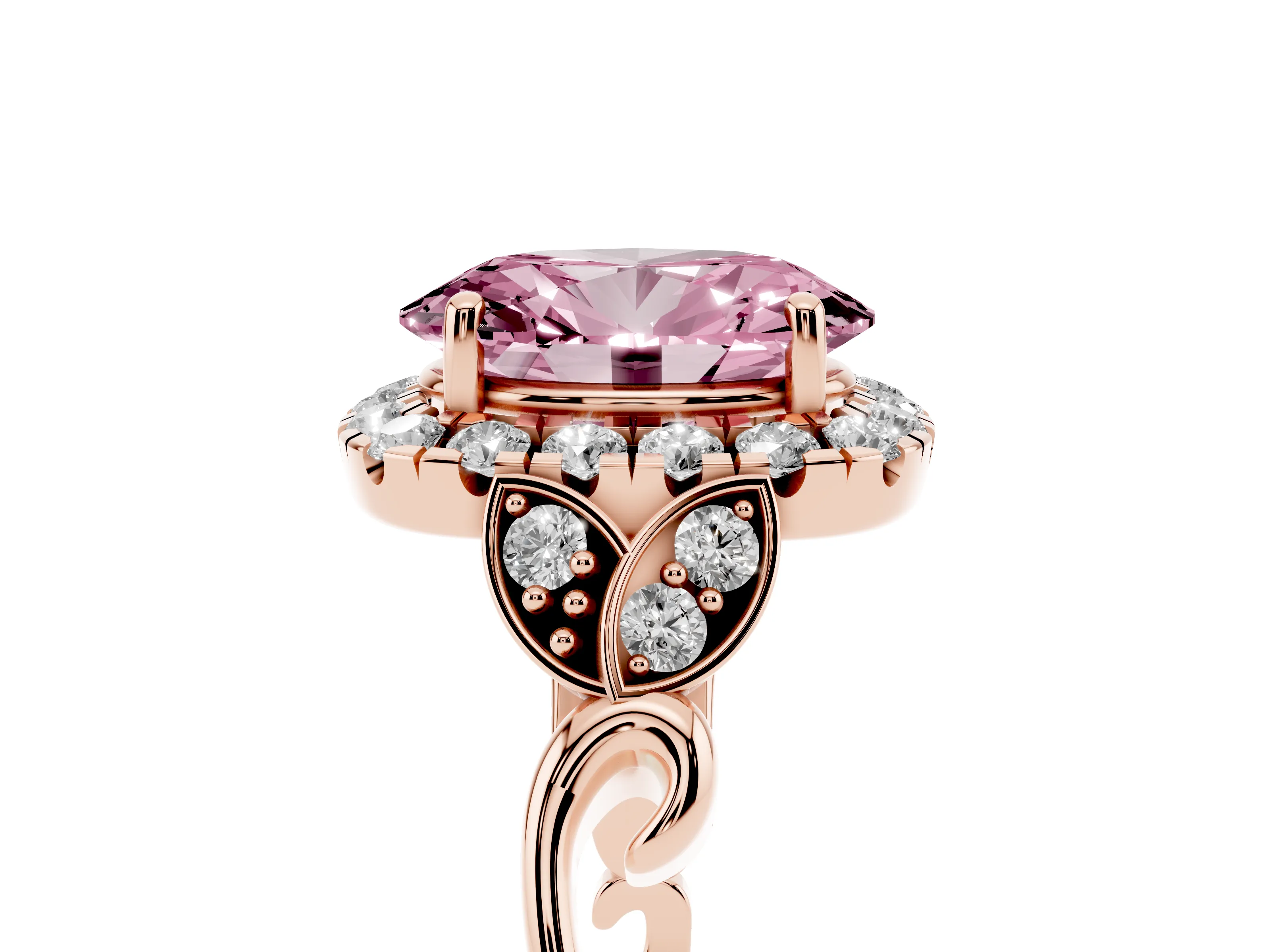 Fancy Pink Oval Cut Diamond Halo Engagement Ring Set in Rose gold with Vintage-Inspired Band and Prong Setting