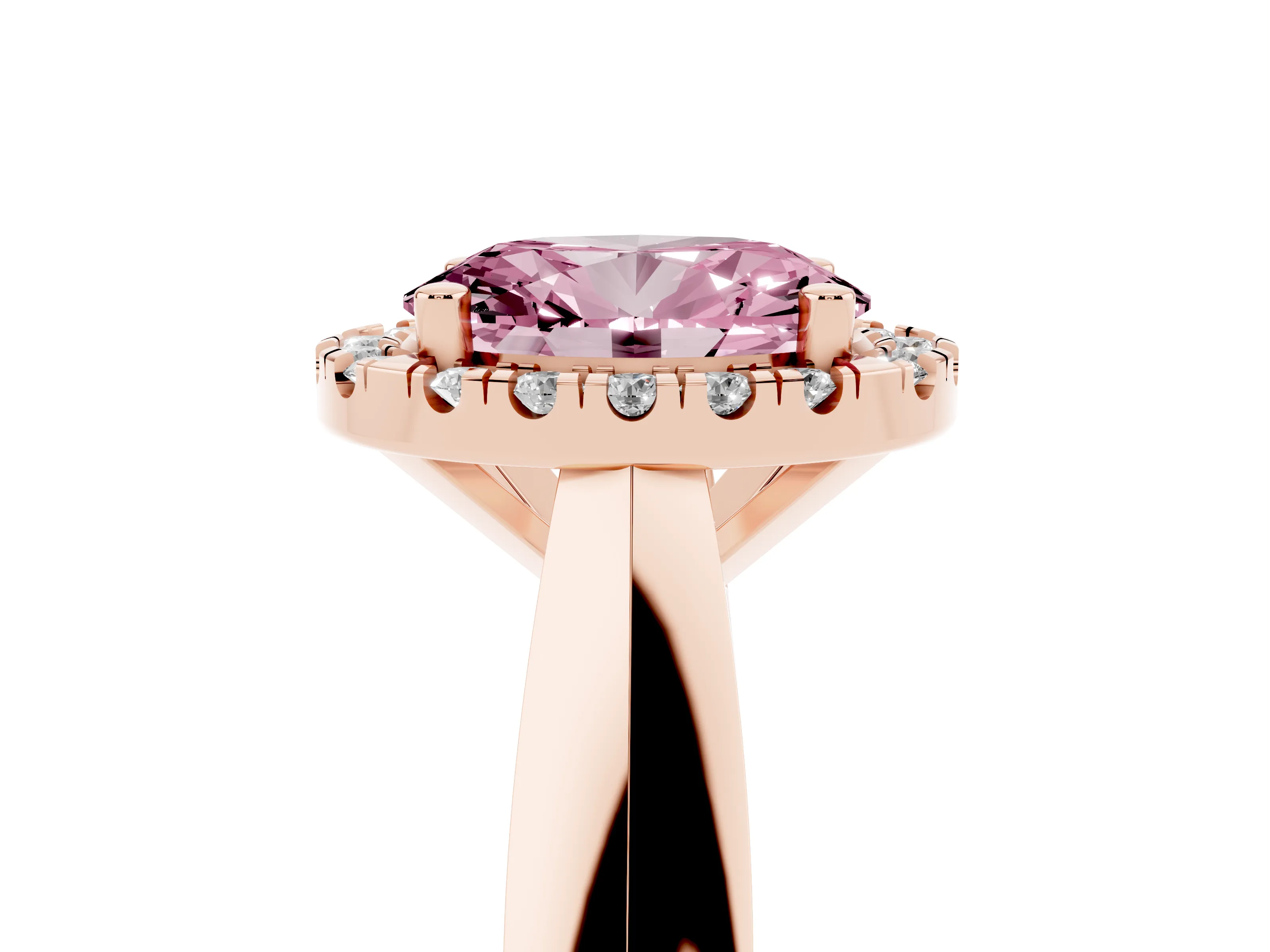 Fancy Pink Oval Cut Diamond Halo Solitaire Engagement Ring Set in Rose gold with Square Band and Prong Setting
