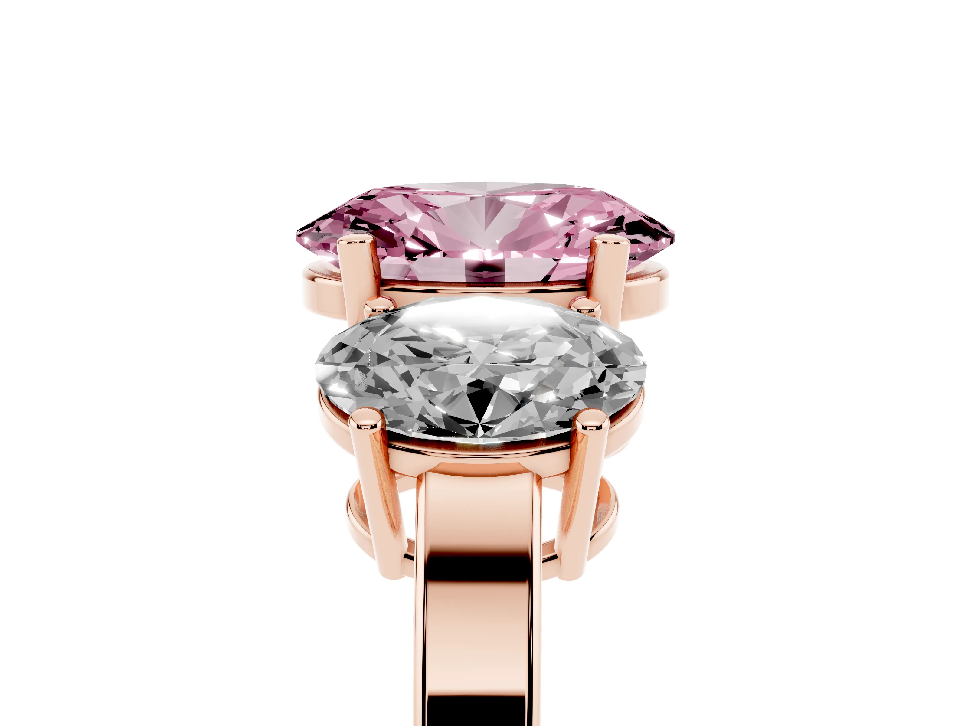 Fancy Pink Oval Cut Diamond Three-Stone Engagement Ring Set in Rose gold with Flat Band