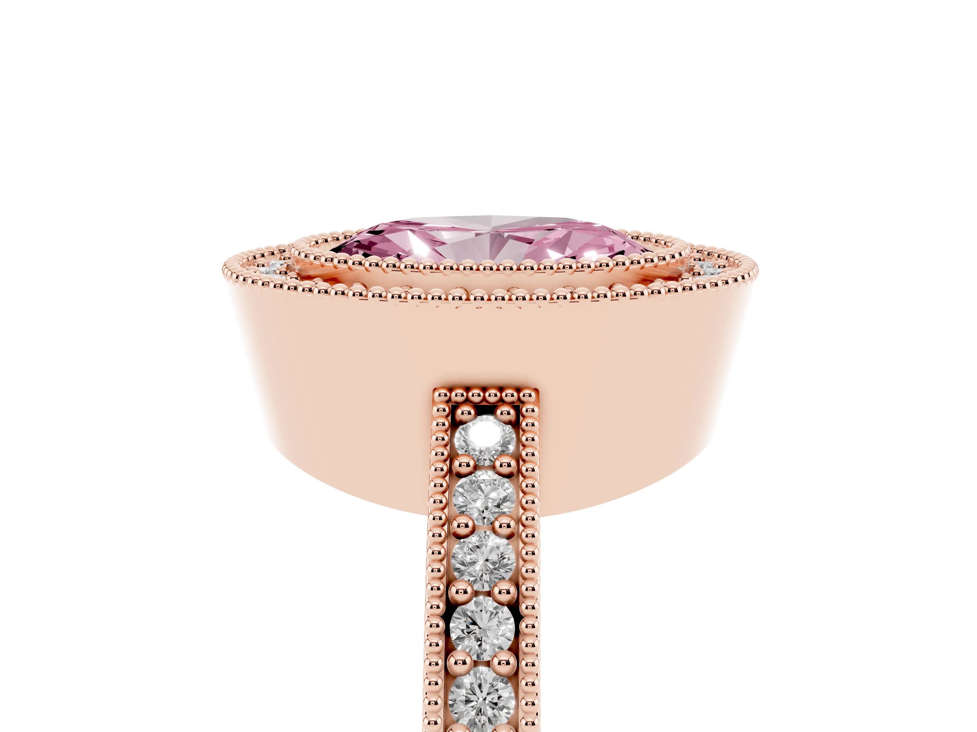 Fancy Pink Oval Cut Diamond Halo Engagement Ring Set in Rose gold with Pavé Band and Round Halo Stones