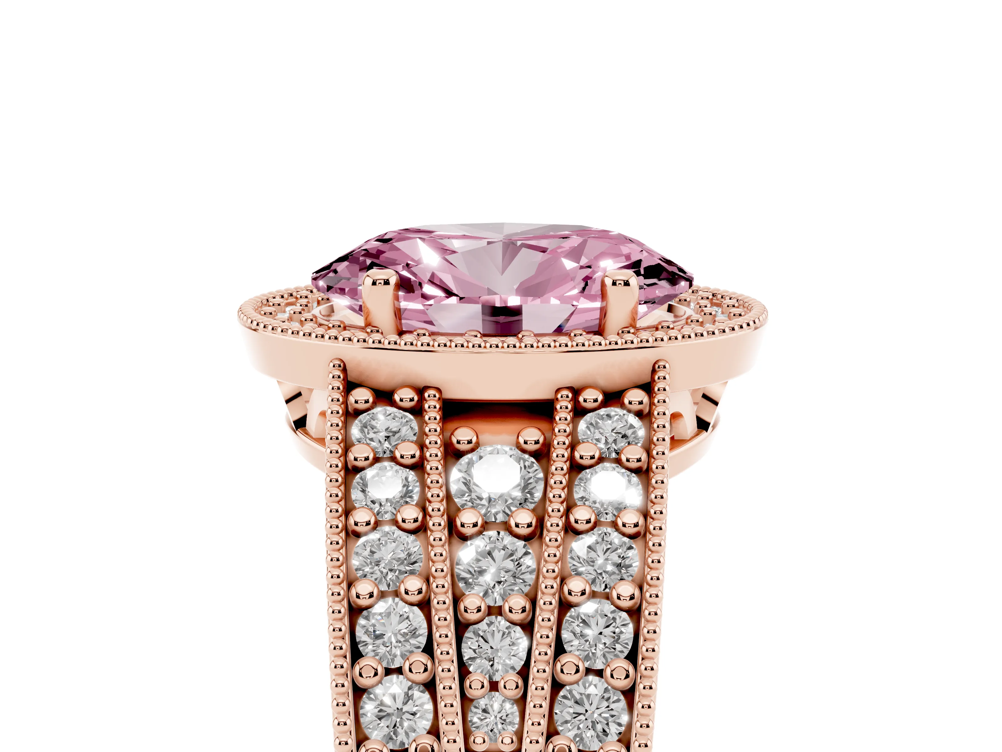 Fancy Pink Oval Cut Diamond Halo Ring Set in Rose gold with Accent Split Shank and Prong Setting