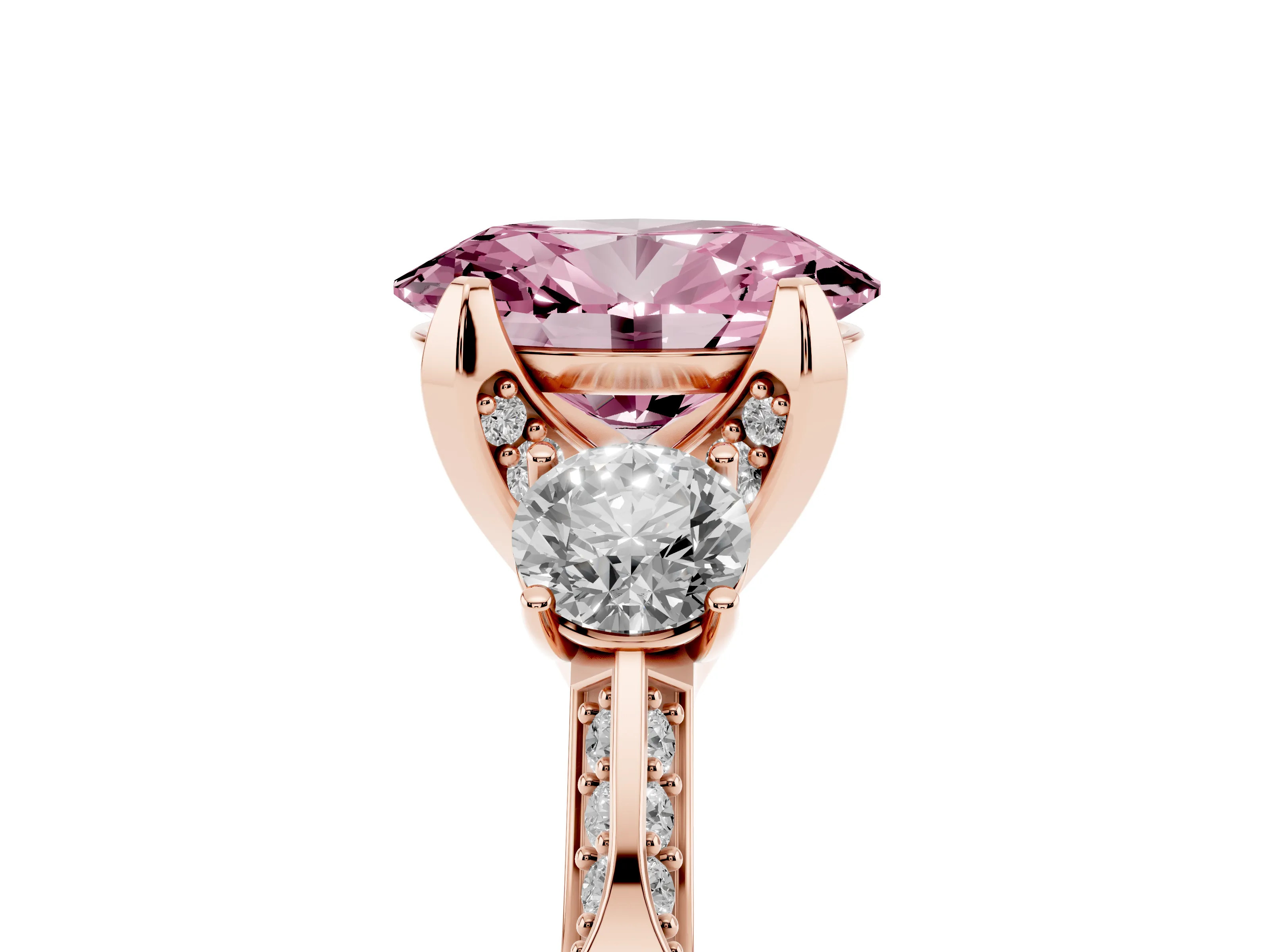 Fancy Pink Oval Cut Diamond Three-Stone Ring Set in Rose gold with Pavé Band and Smaller Side Stones
