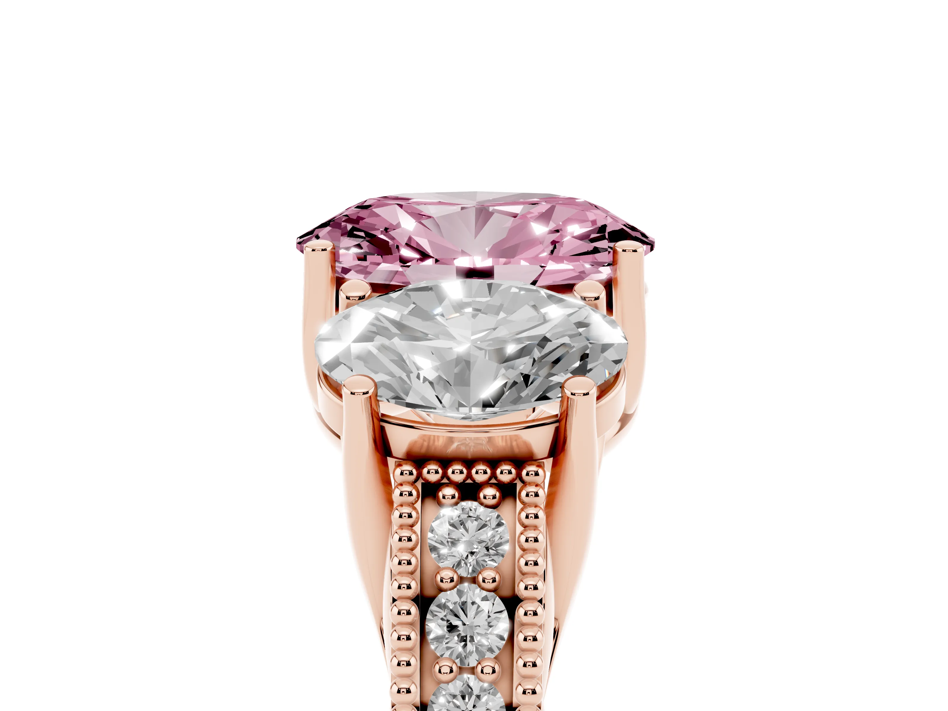 Fancy Pink Oval Cut Diamond Three-Stone Engagement Ring Set in Rose gold with Milgrain Pavé Band