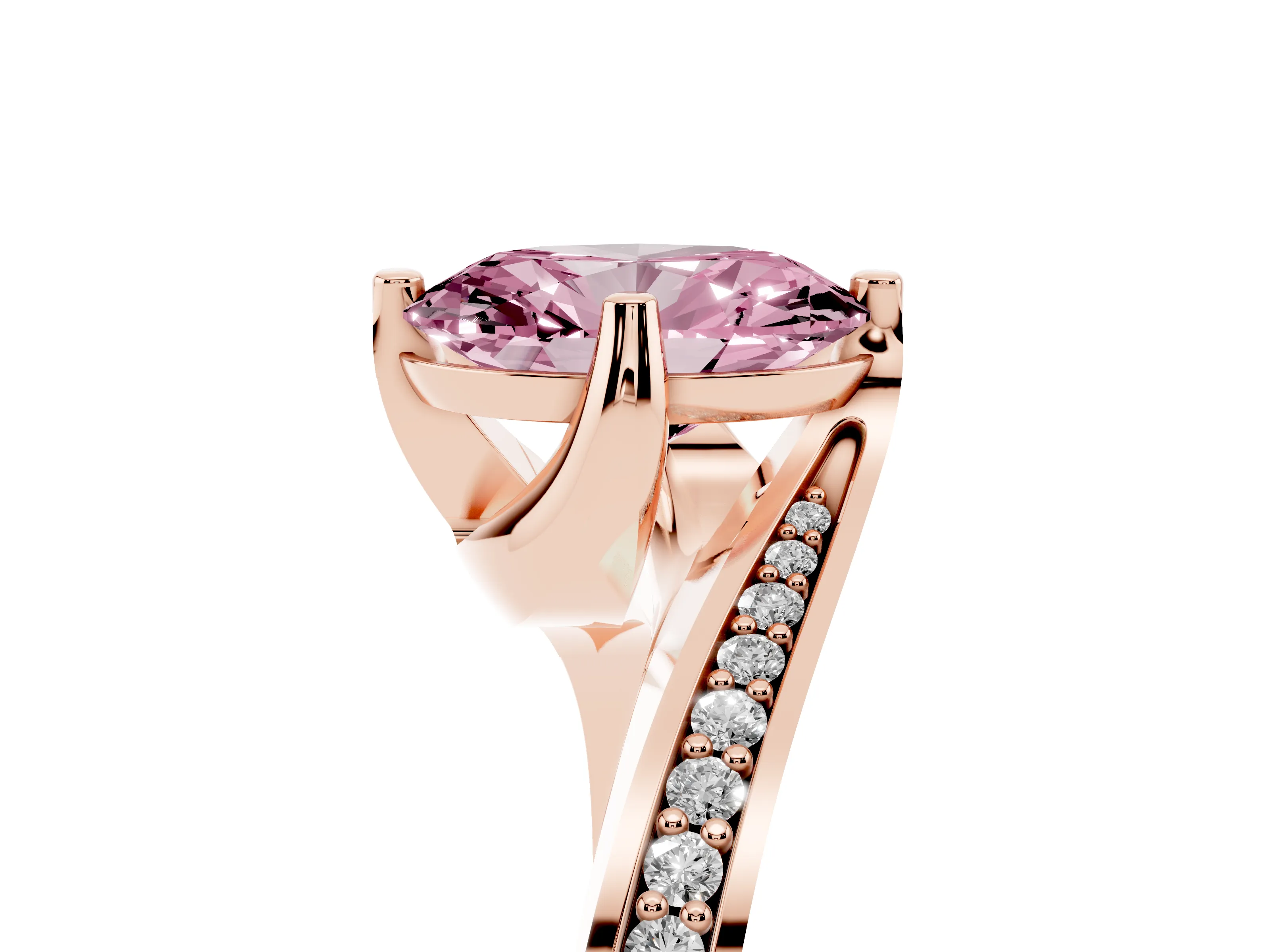 Fancy Pink Oval Cut Diamond Solitaire Ring Set in Rose gold with Intertwined Pavé Twist Band