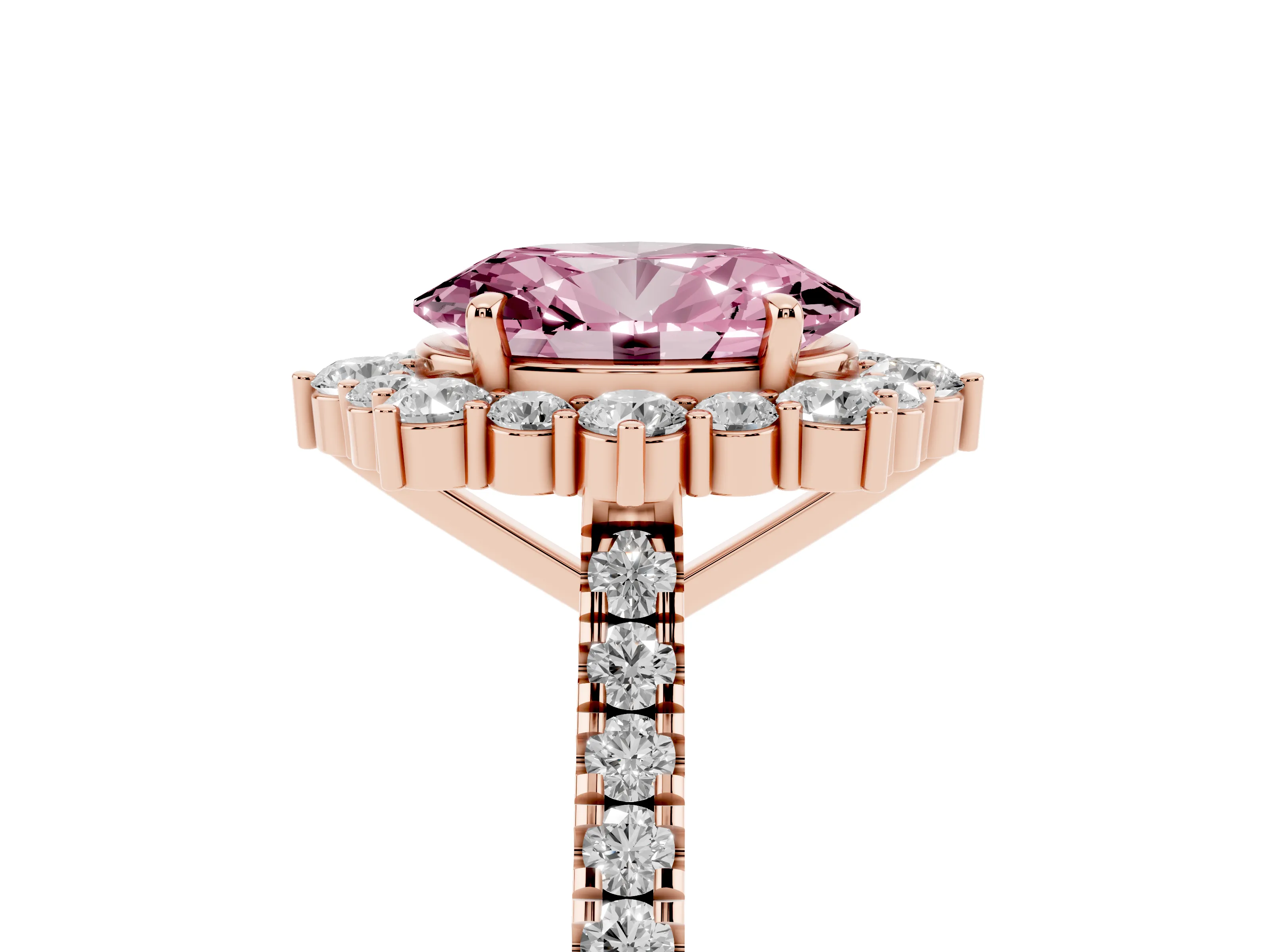 Fancy Pink Oval Cut Diamond Halo Ring Set in Rose gold with Pavé Band and Prong Setting