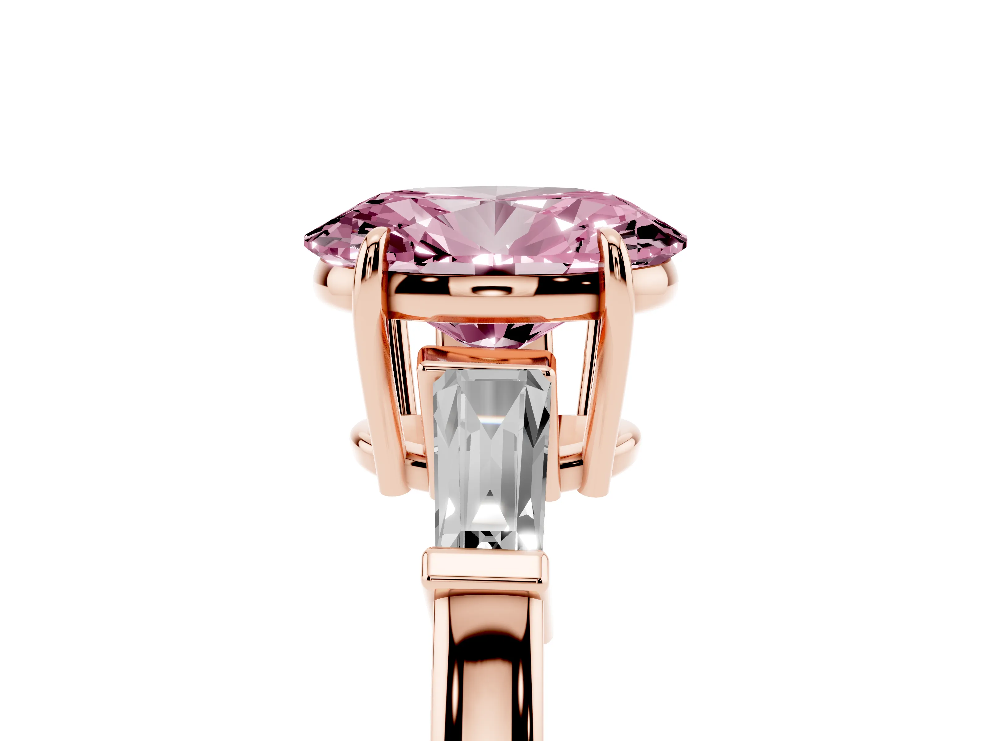 Fancy Pink Oval Cut Diamond Three-Stone Ring Set in Rose gold with Tapered Baguette Side Stones and Prong Setting