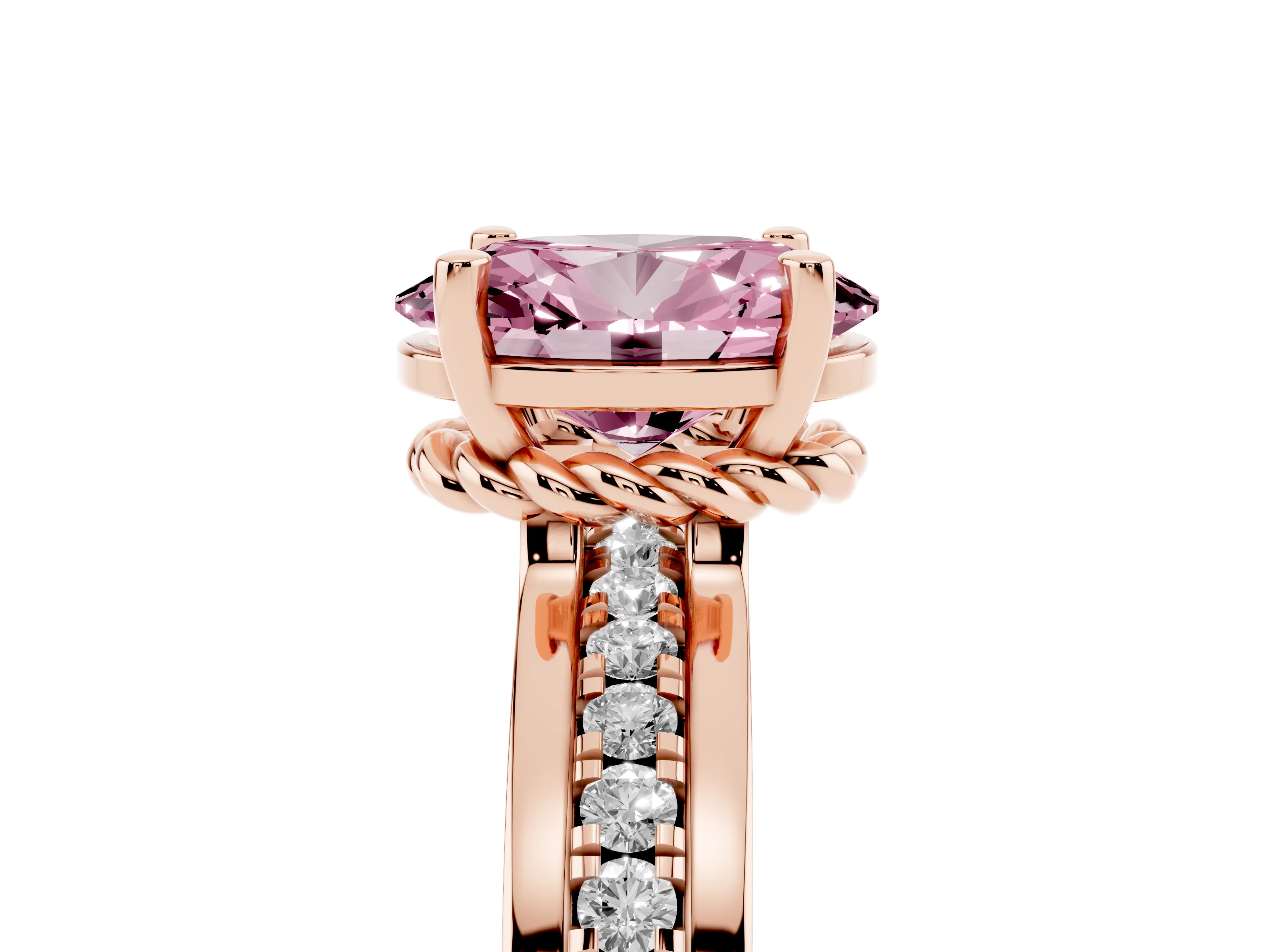 Fancy Pink Oval Cut Diamond Solitaire Ring Set in Rose gold with Channel Set Band and Prong Setting