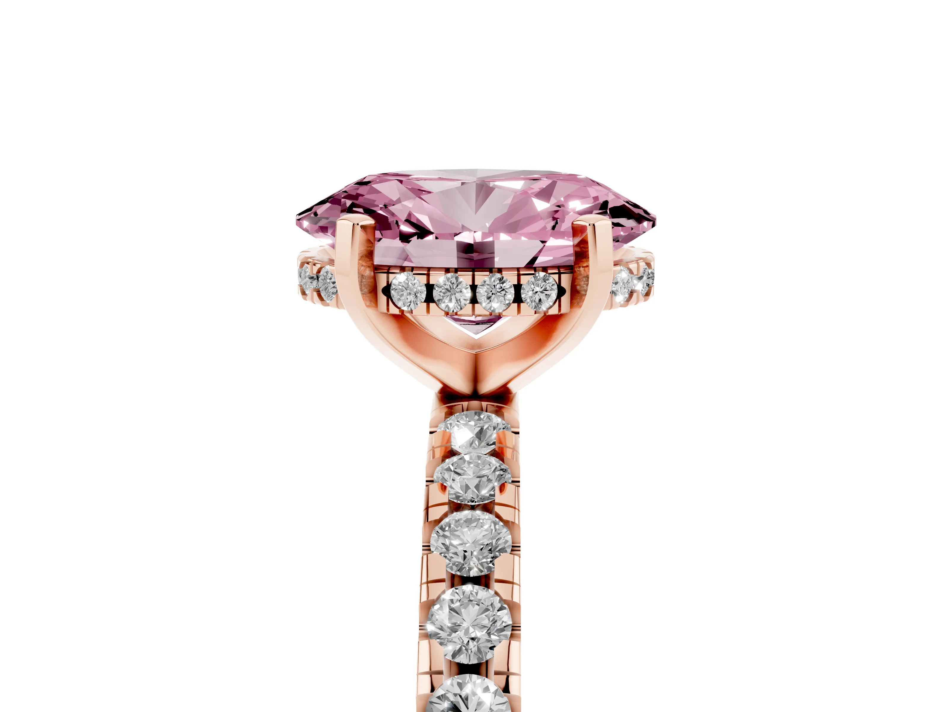 Fancy Pink Oval Cut Diamond Pavé Solitaire Ring Set in Rose gold with Round Band Accents and Prong Setting