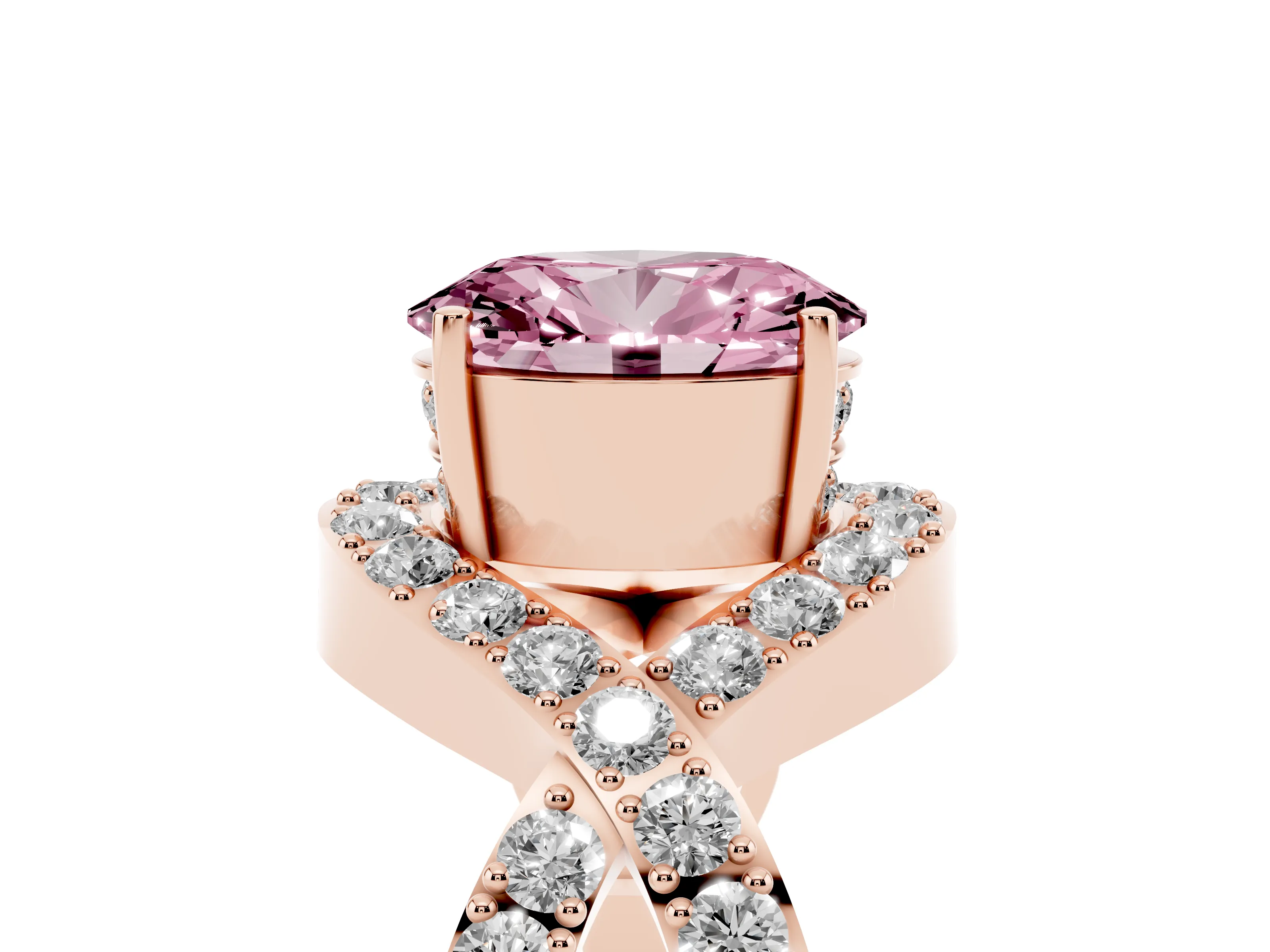 Fancy Pink Oval Cut Diamond Solitaire Twist Band Pavé Engagement Ring Set in Rose gold