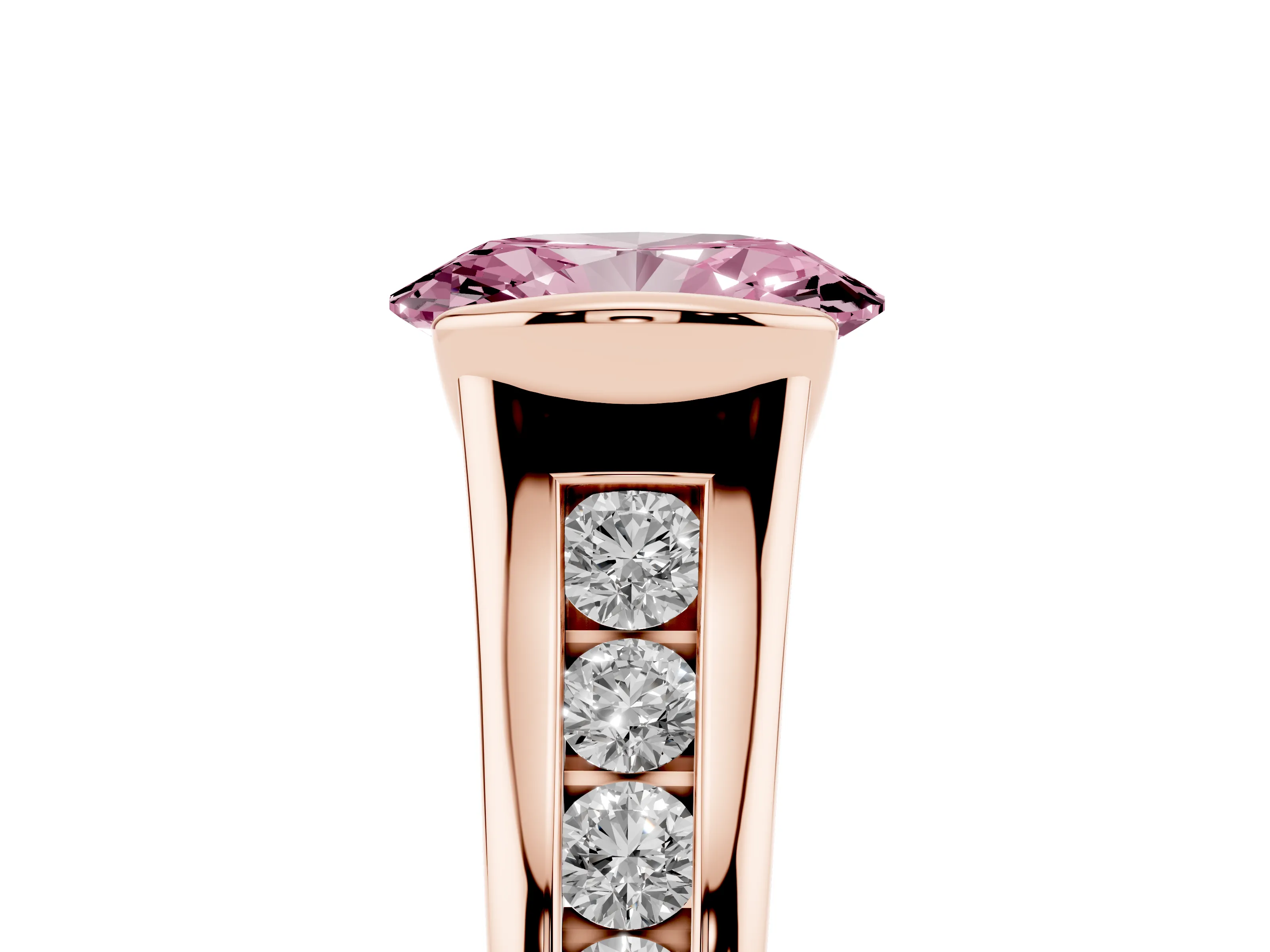 Fancy Pink Oval Cut Diamond Bezel-Set Solitaire Ring Set in Rose gold with Channel-Set Band