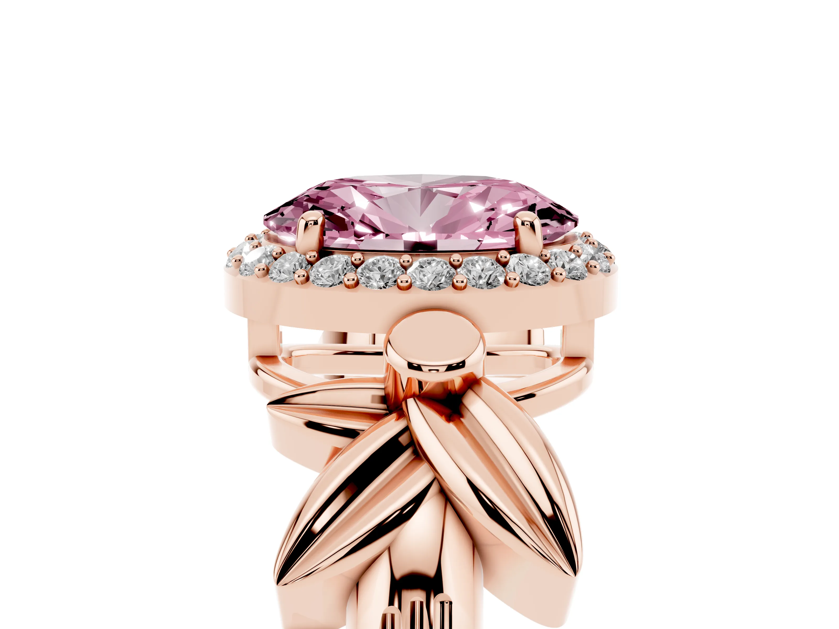 Fancy Pink Oval Cut Diamond Halo Floral Band Ring Set in Rose gold with Prong Setting