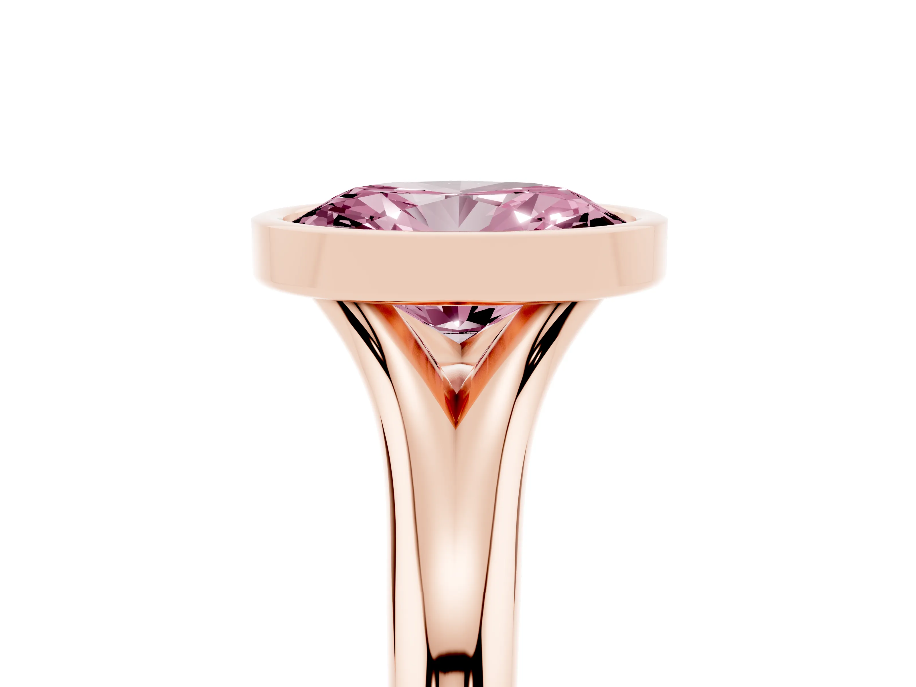 Fancy Pink Bezel Set Oval Cut Diamond Solitaire Ring Set in Rose gold with Smooth Band