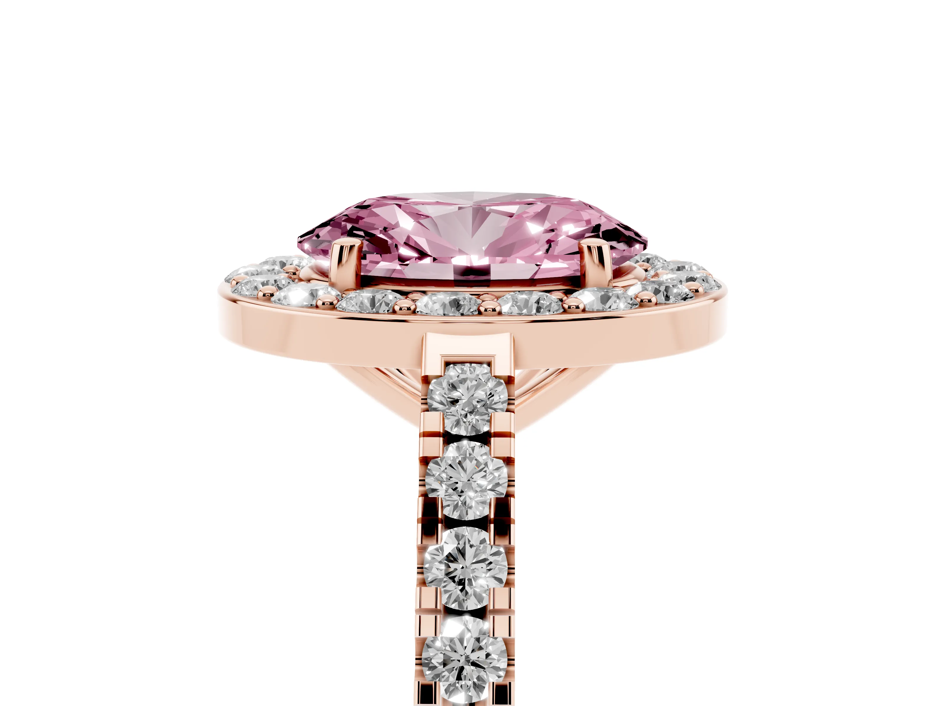 Fancy Pink Oval Cut Diamond Halo Ring Set in Rose gold with Round Pavé Split Shank and Prong Setting