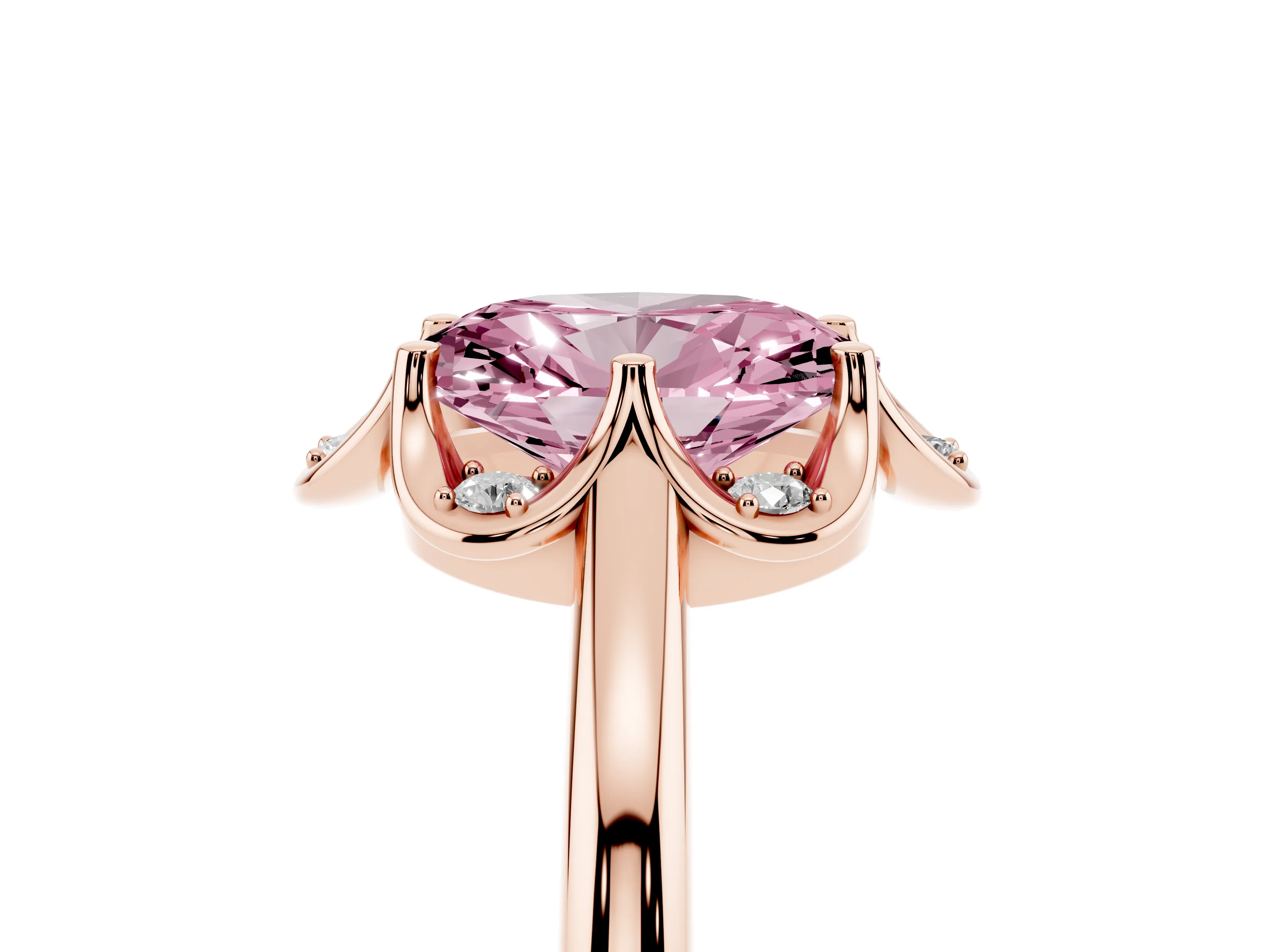Fancy Pink Oval Cut Diamond Round Cluster Halo Ring Set in Rose gold with Solitaire Band and Prong Setting