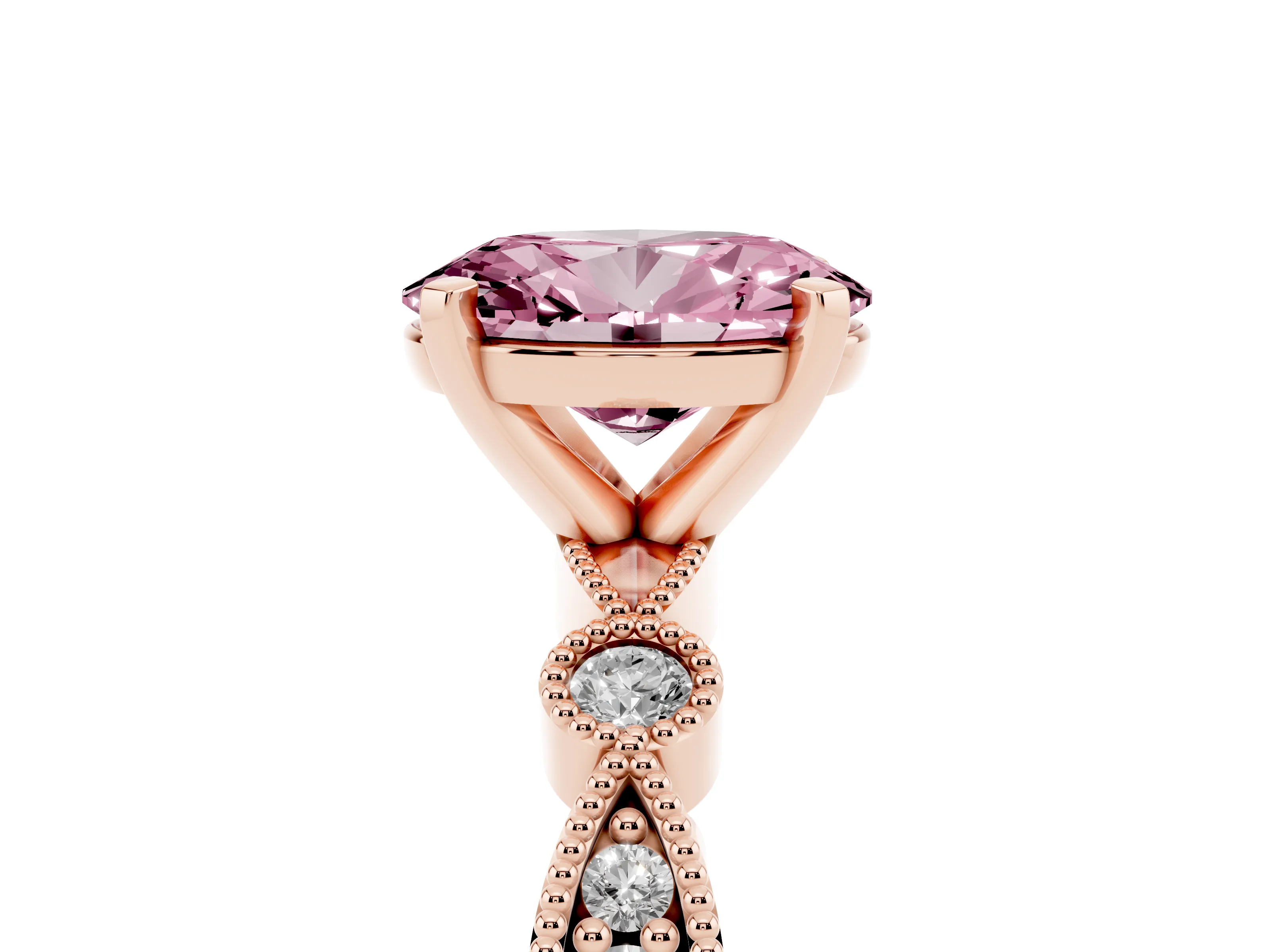 Fancy Pink Oval Cut Diamond Solitaire Engagement Ring Set in Rose gold with Milgrain Bezel Accent Band