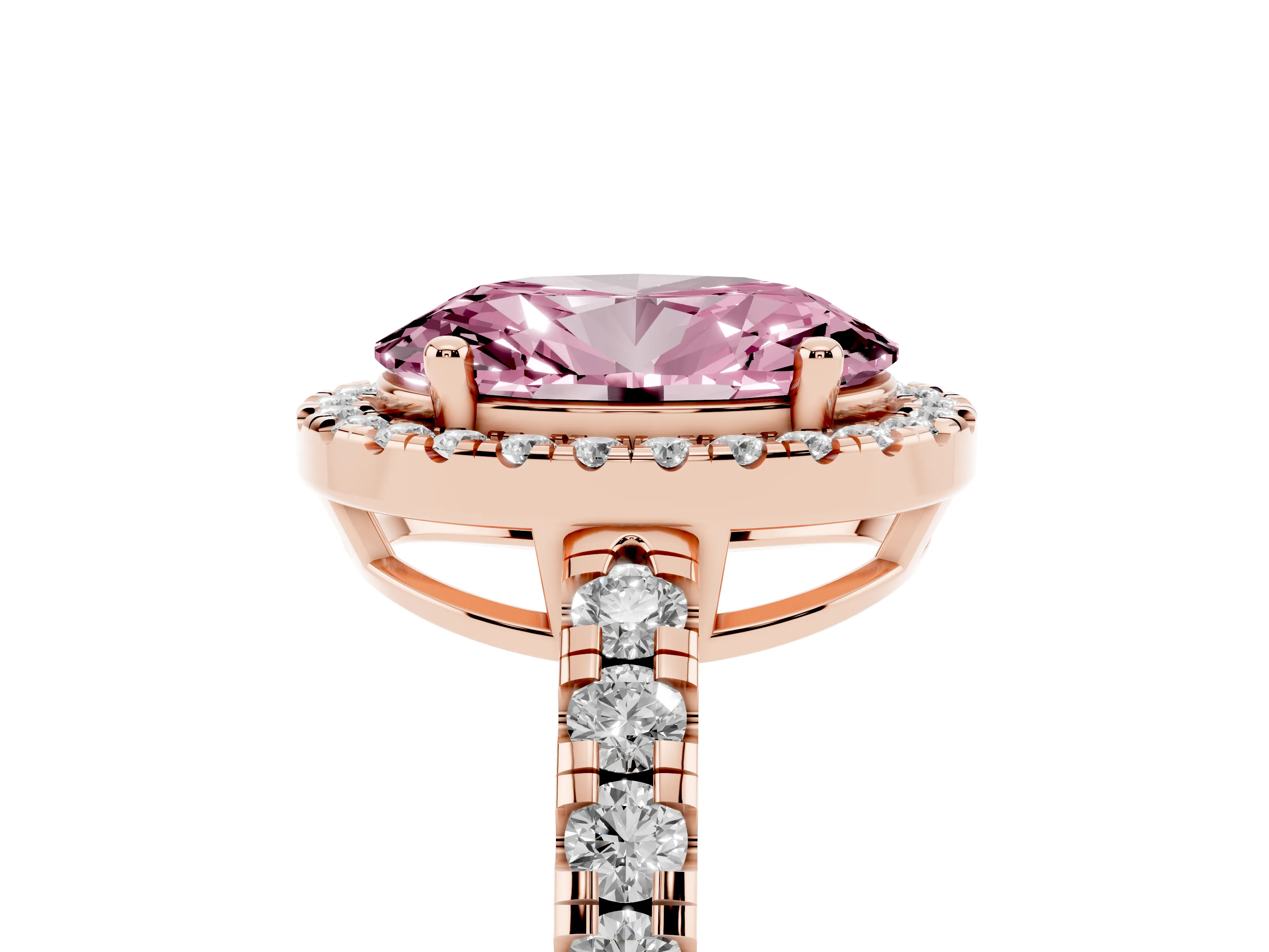 Fancy Pink Oval Cut Diamond Halo Ring Set in Rose gold with Delicate Pavé Band and Prong Setting