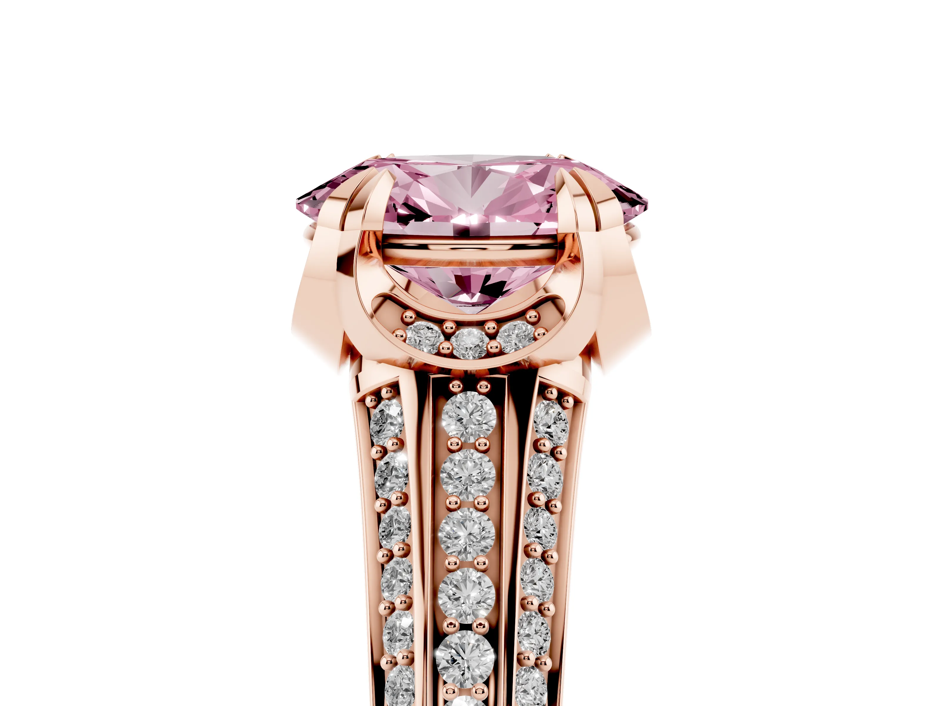 Fancy Pink Oval Cut Diamond Pavé Split Shank Solitaire Ring Set in Rose gold with Prong Setting