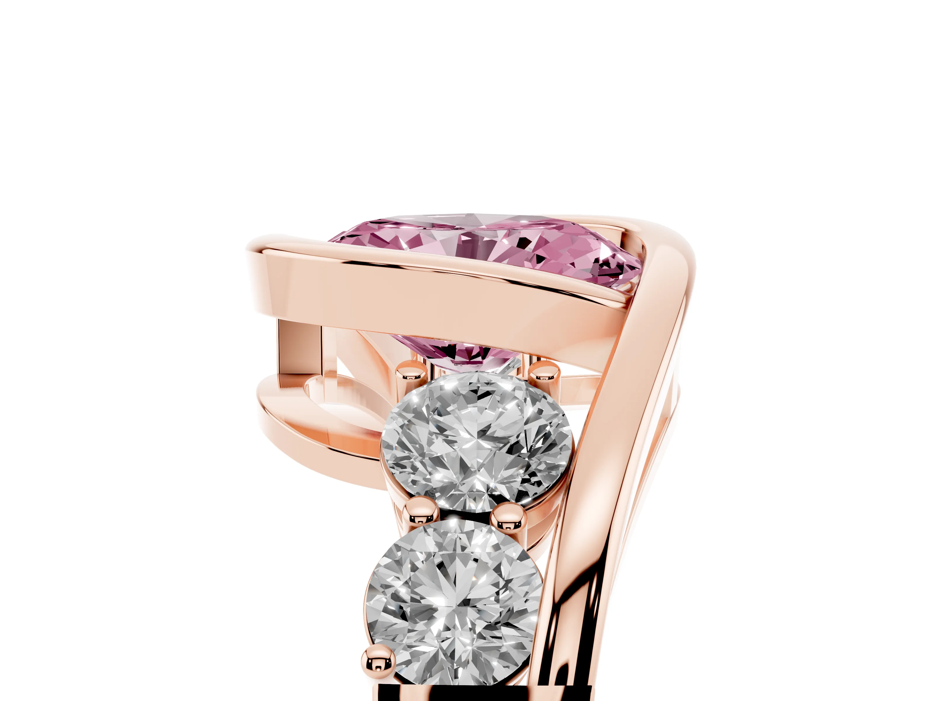 Fancy Pink Oval Cut Diamond Bezel Bypass Ring Set in Rose gold with Round Accents