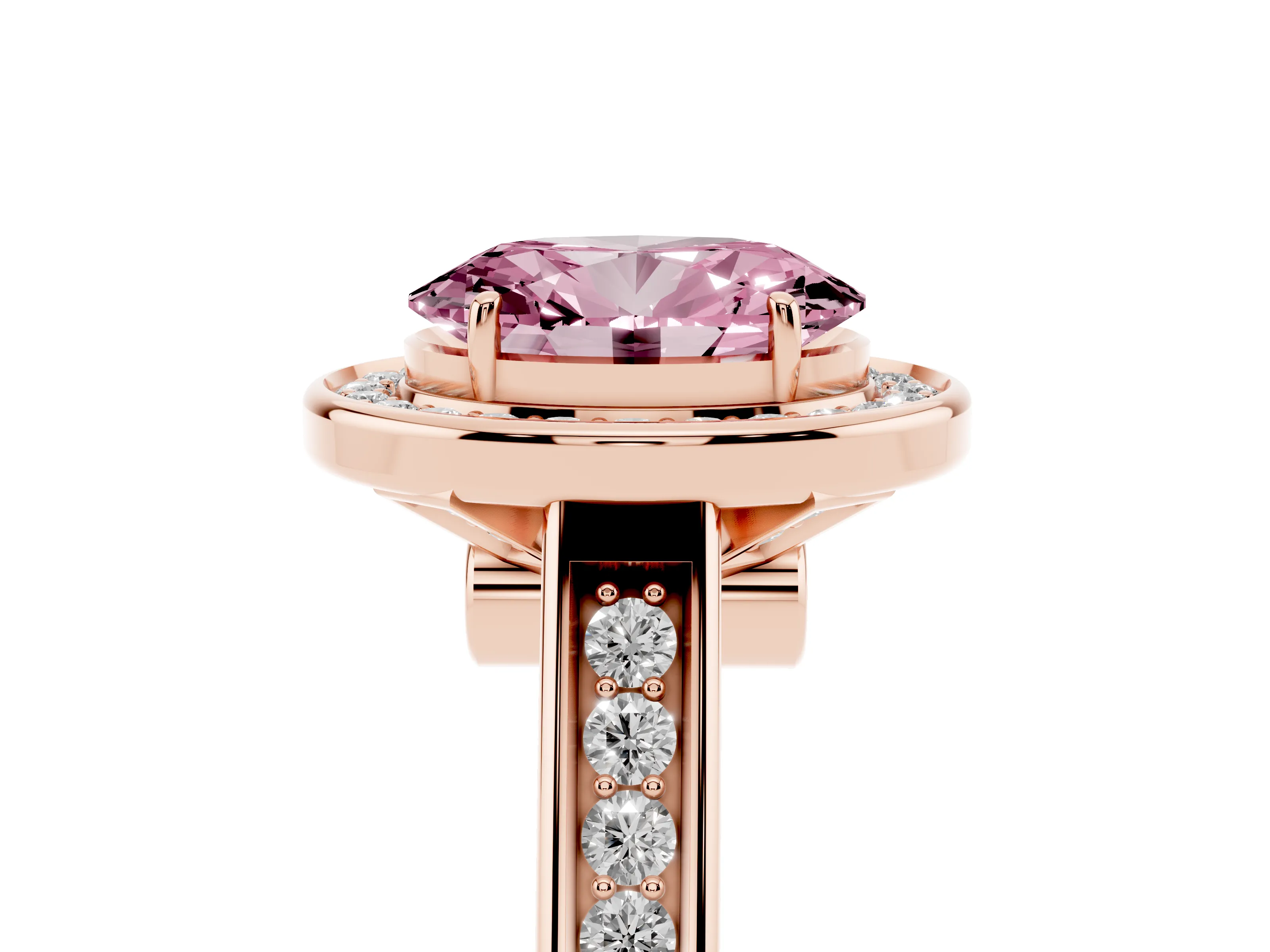 Fancy Pink Oval Cut Diamond Halo Solitaire Ring Set in Rose gold with Pavé Band and Bezel Setting
