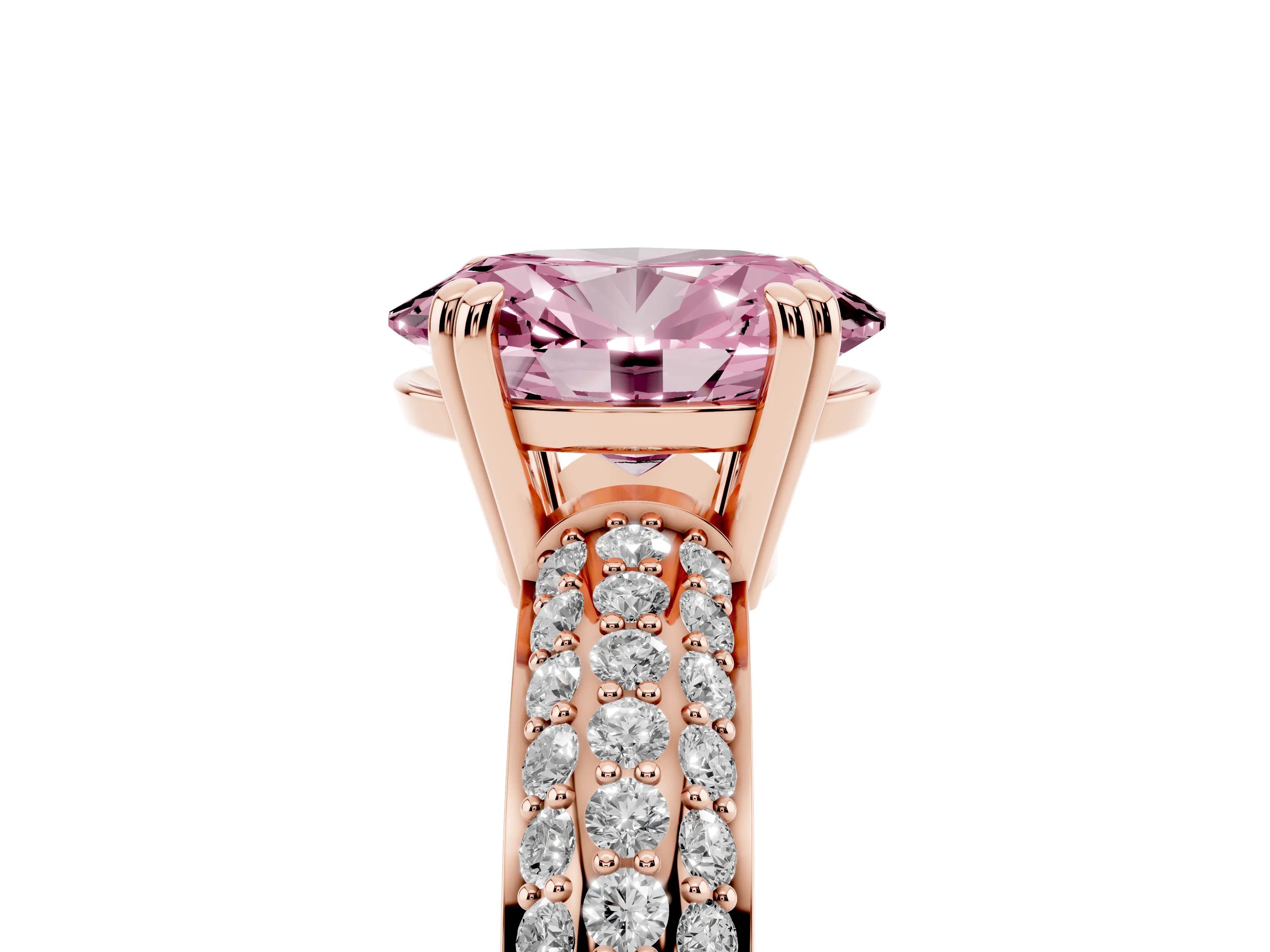 Fancy Pink Oval Cut Diamond Solitaire Ring Set in Rose gold with Multi-Row Round Pavé Band and Prong Setting