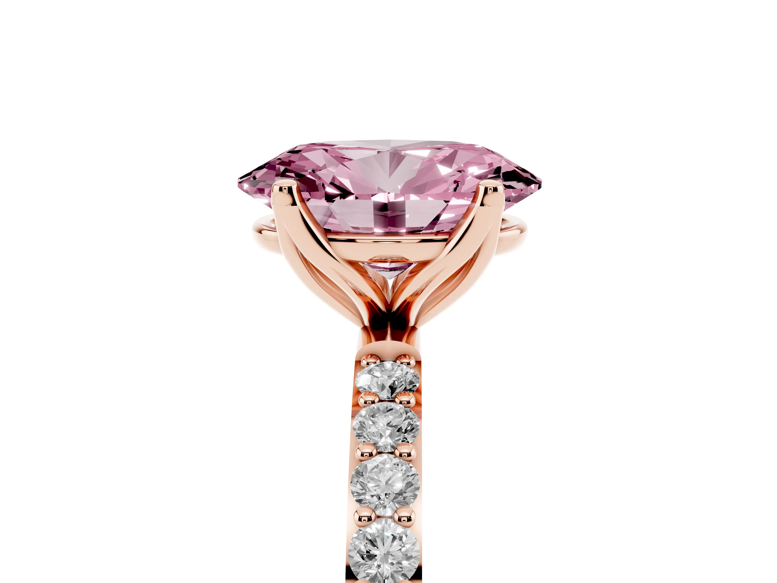 Fancy Pink Oval Cut Diamond Solitaire Engagement Ring Set in Rose gold with Round Pavé Band and Prong Setting